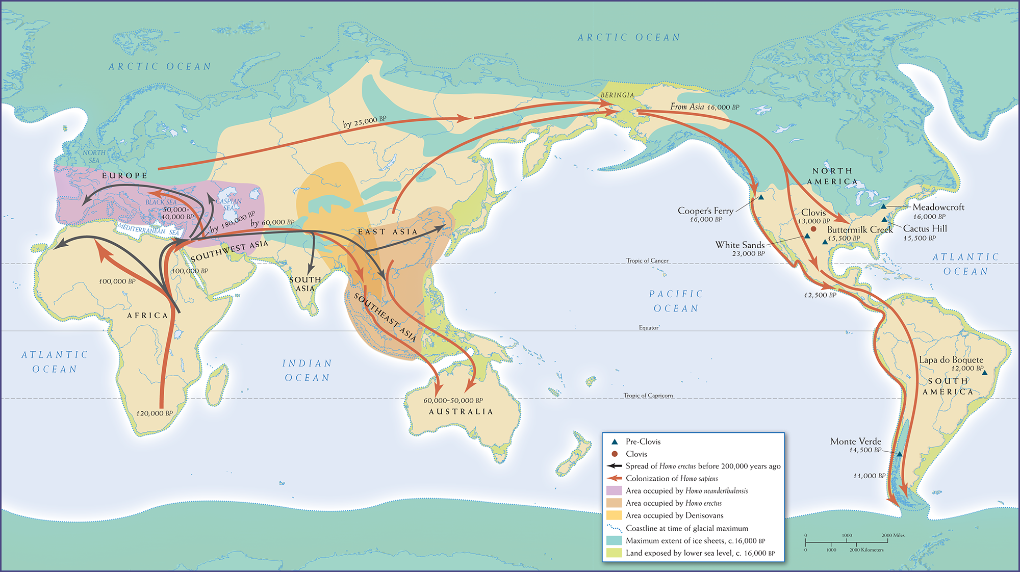 Map 1.2 is entitled “Early Migrations: Out of Africa.”