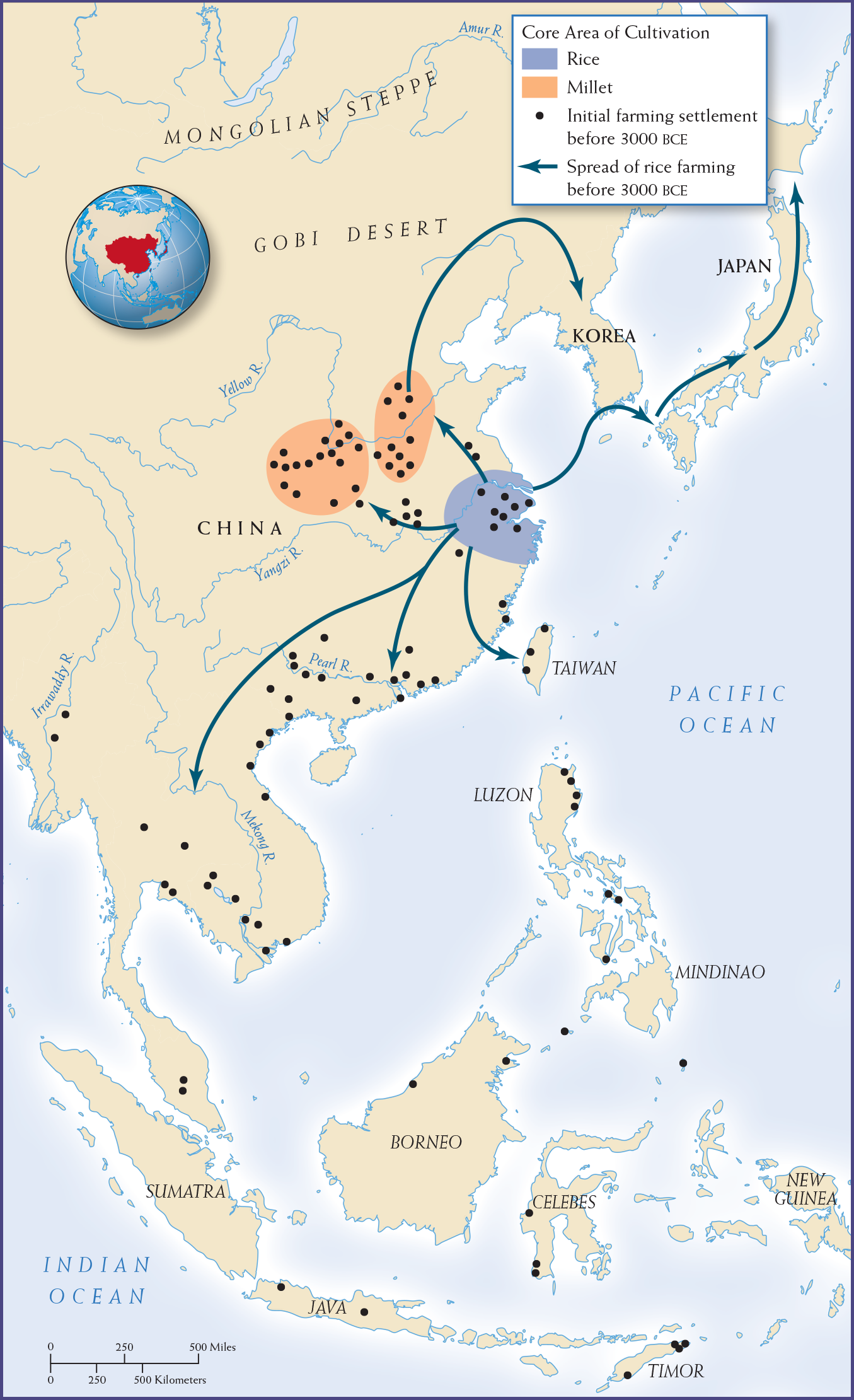 Map 1.6 is titled, “The Spread of Farming in East Asia.”