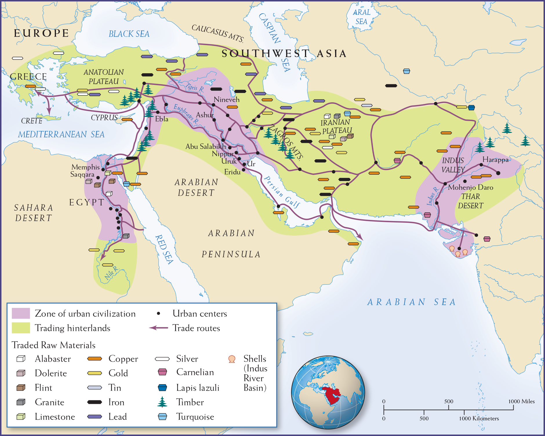 Map 2.2 is titled, “Trade and Exchange in Southwest Asia and the Eastern Mediterranean, Third Millennium B C E.”