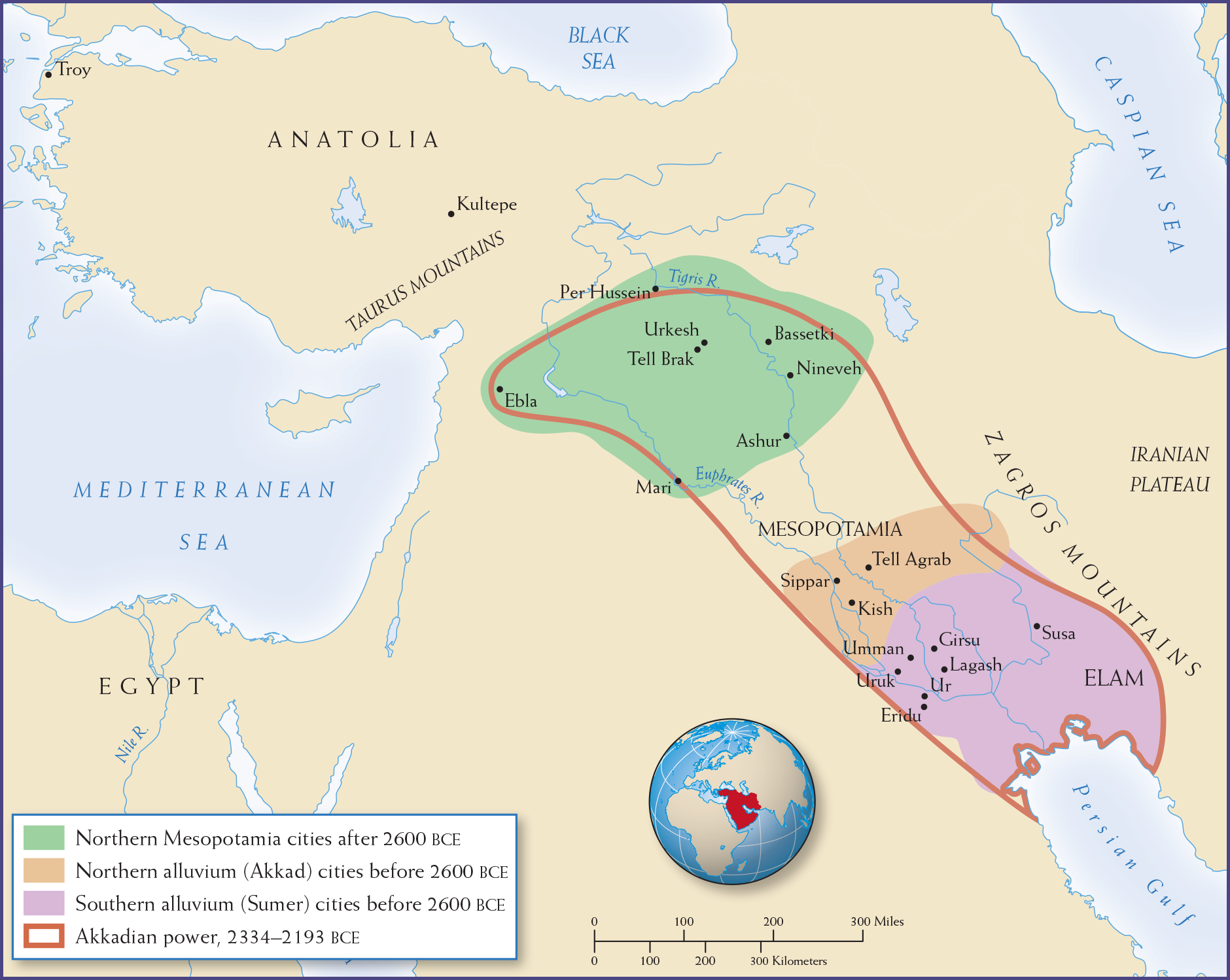 Map 2.3 is titled, “The Spread of Cities in Mesopotamia and the Akkadian State, 2600-2200 B C E.”