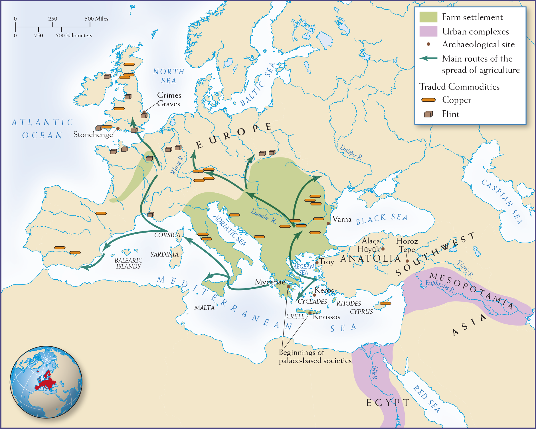 Map 2.7 is titled, “Settlements outside the River Basins: The Eastern Mediterranean and Europe, 5000-2000 B C E.”