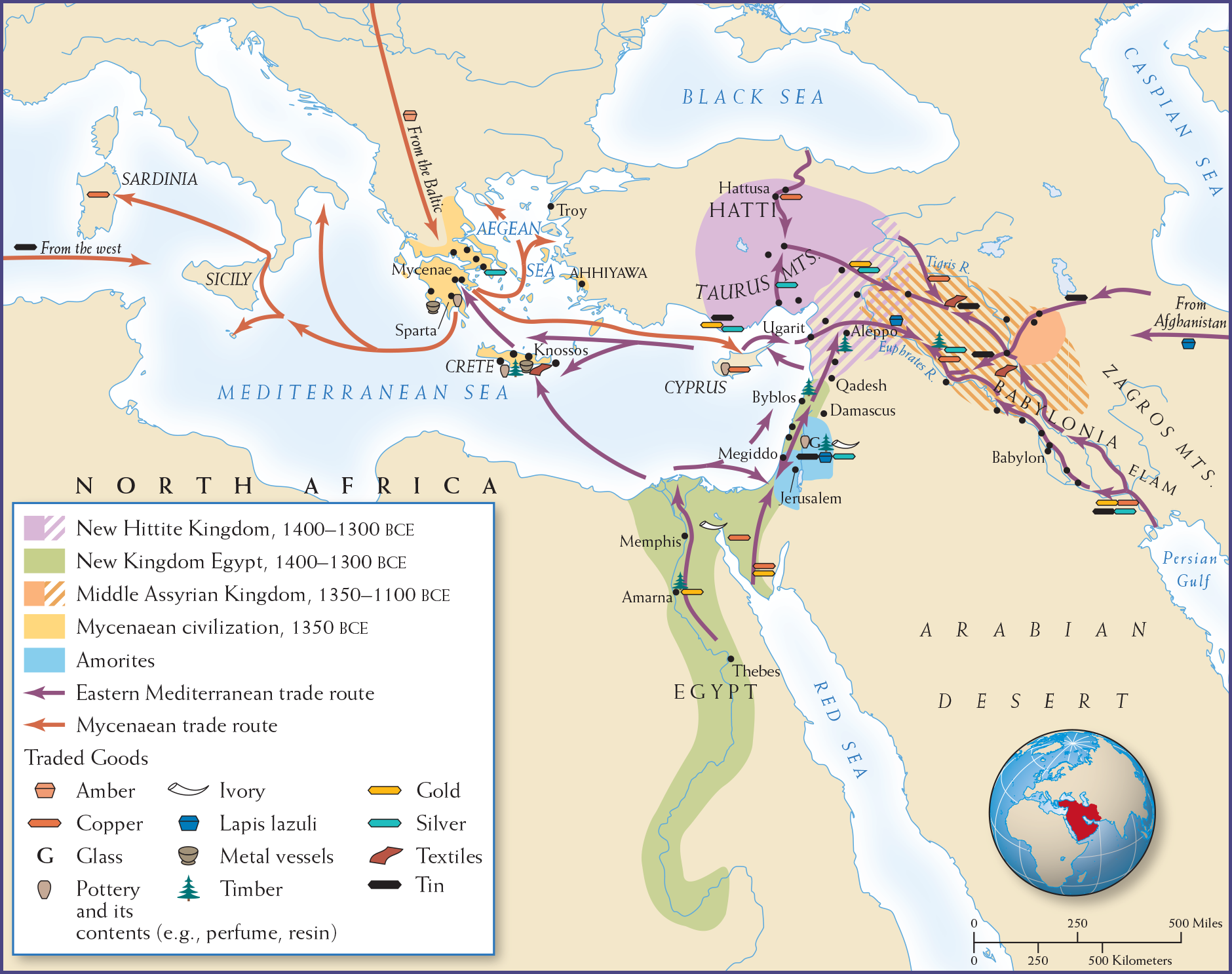 Map 3.2 is titled, Territorial States and Trade Routes in Southwest Asia, North Africa, and the Eastern Mediterranean, 1500-1350 B C E.