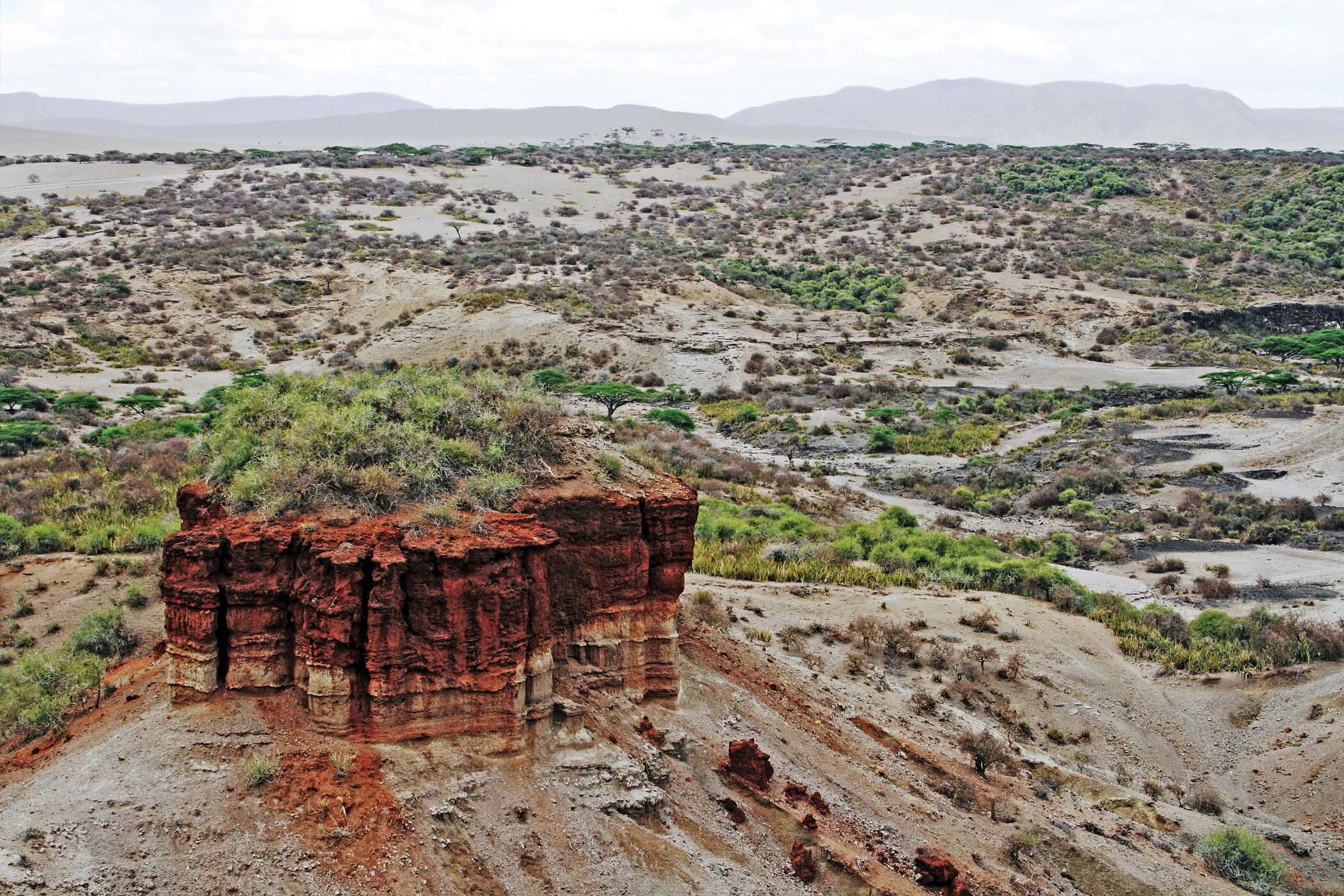 Olduvai Gorge with the Naibor Soit hills in the distance and a large monolith made of the red sediments in the foreground.