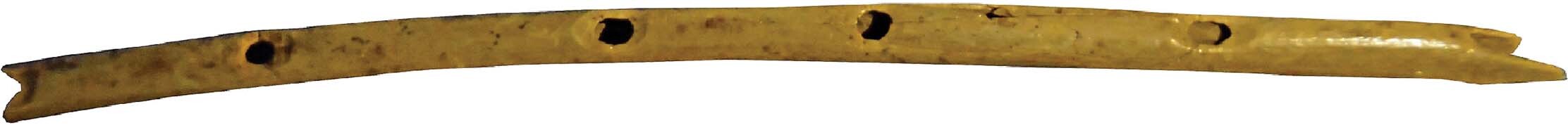 A Paleolithic flute made of animal bone. The flute has four holes placed at an equal distance apart along its length.