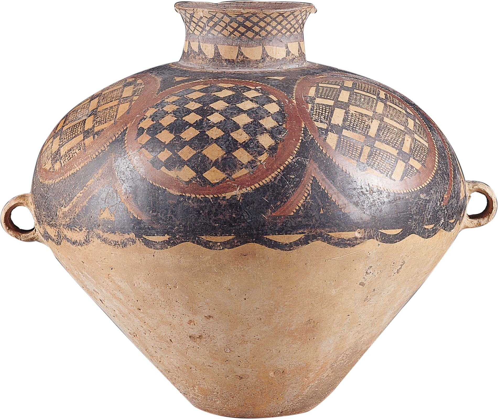 A large Yangshao pot with a wide mid-section, a narrow neck, and two small handles on either side.