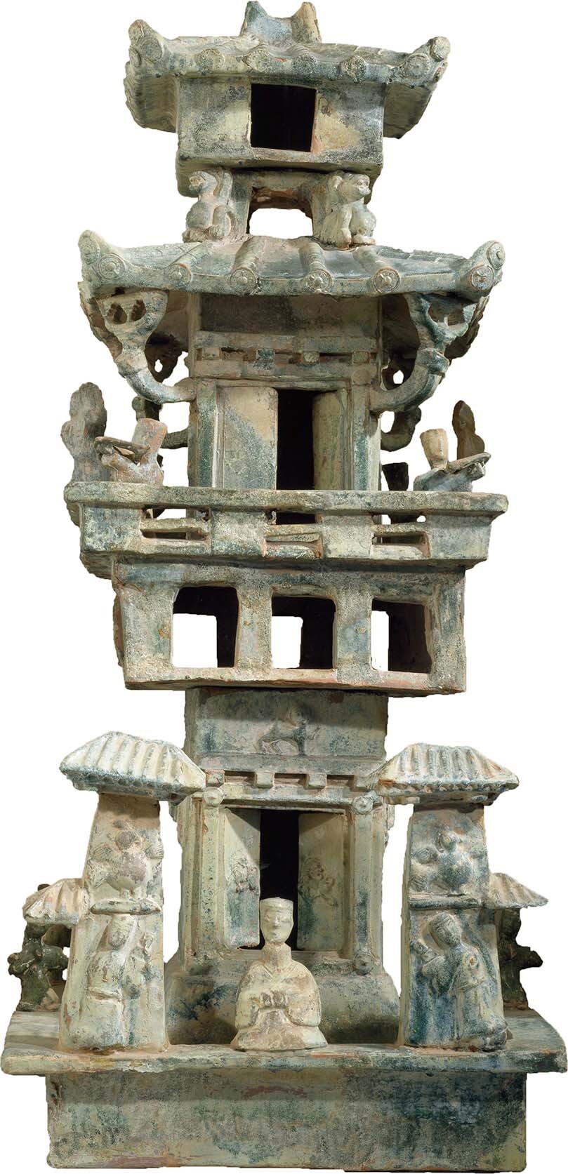 A terra-cotta model of a three-story Han watchtower.