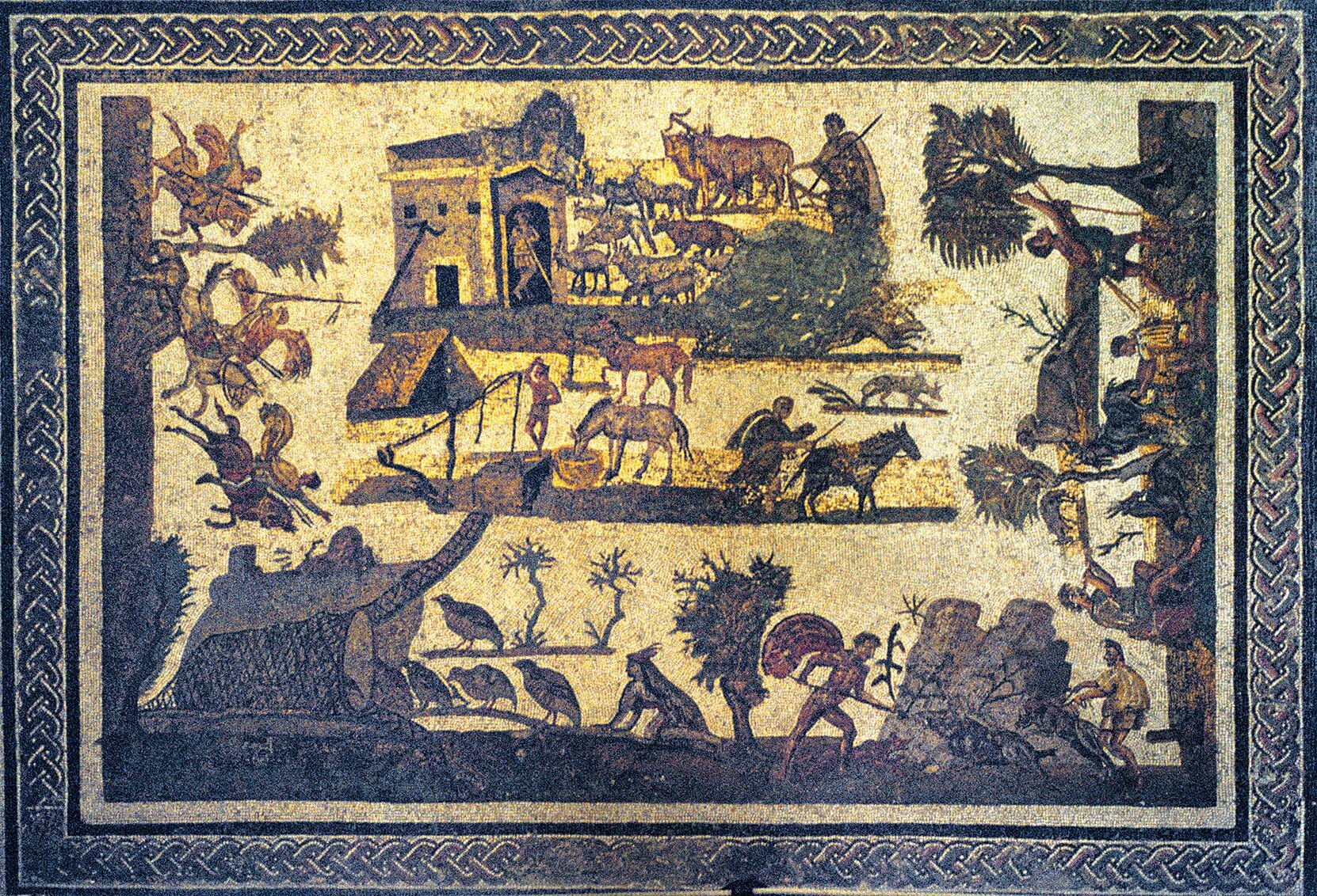 A mosaic of Roman farmers and soldiers.