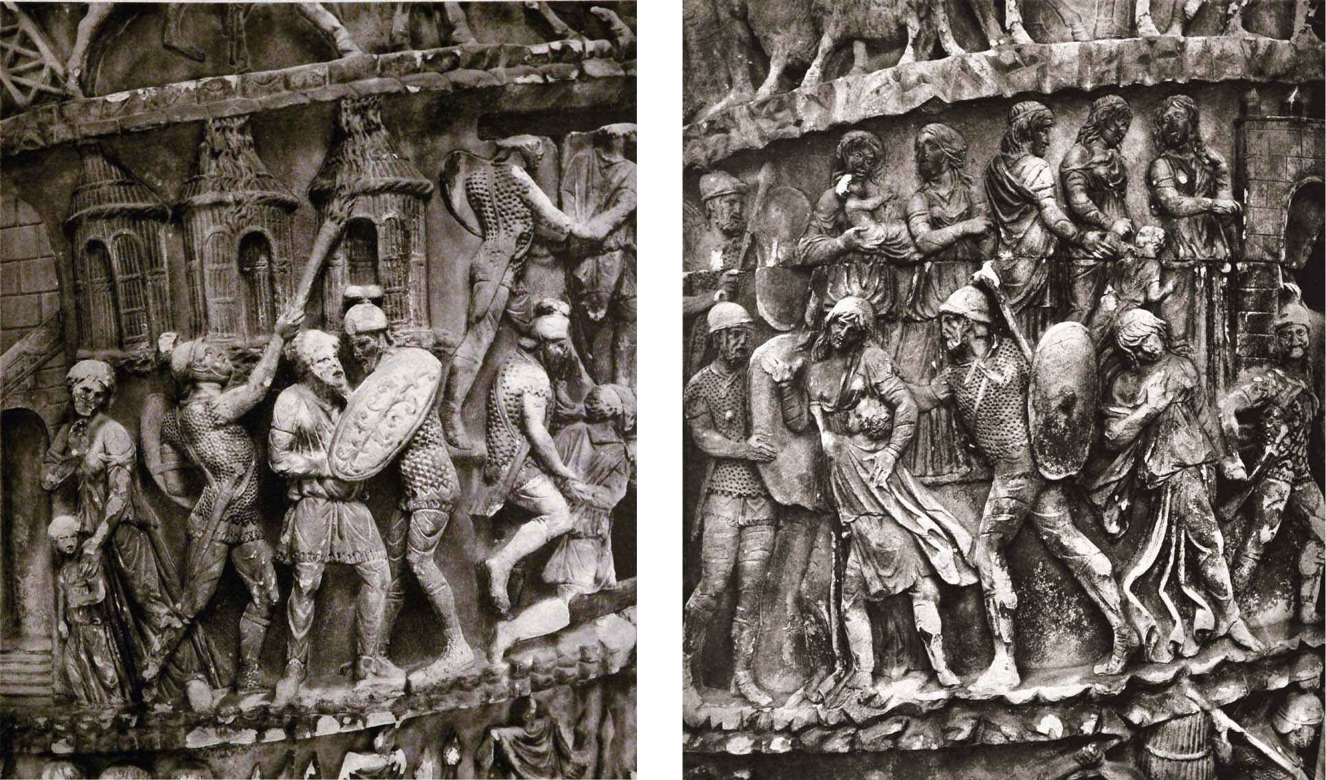 A section of a victory column depicting soldiers setting fire to a village.; A section of a victory column depicting soldiers selling women and children into slavery.