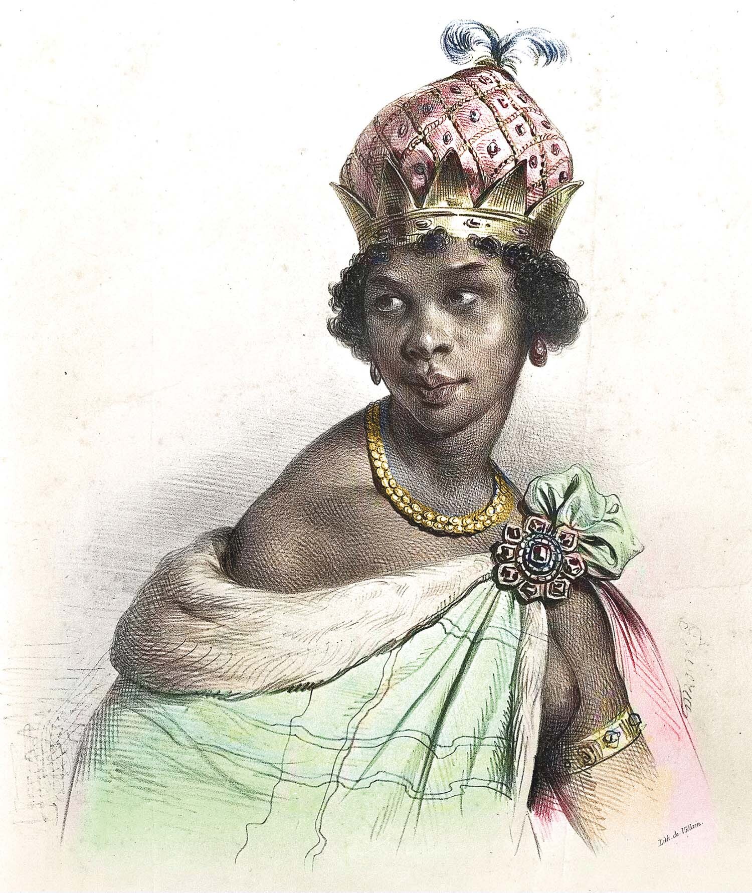 Portrait of Queen Nzinga wearing a crown and looking to her right.