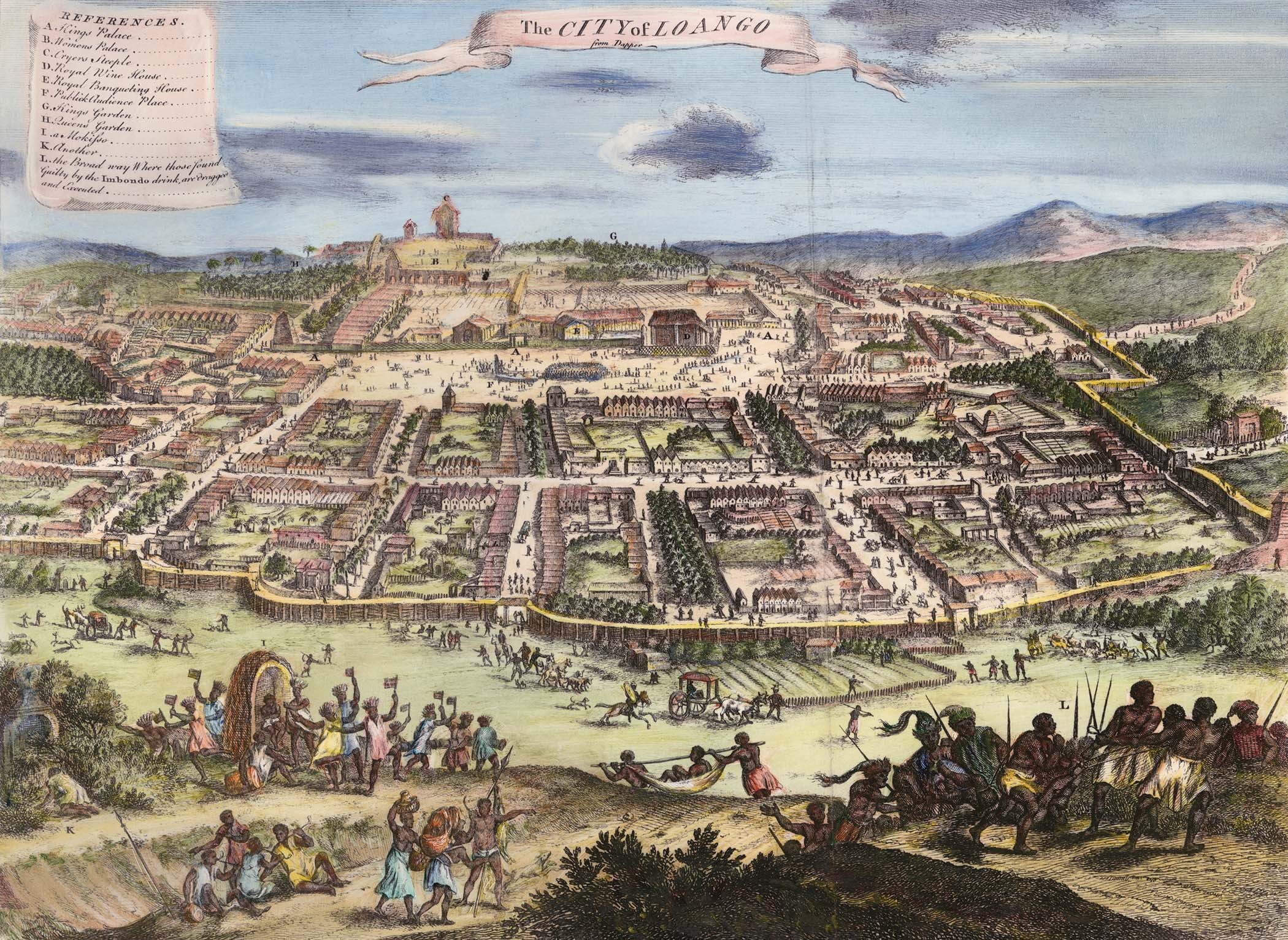 A birds’ eye view illustration of the port of Loango.