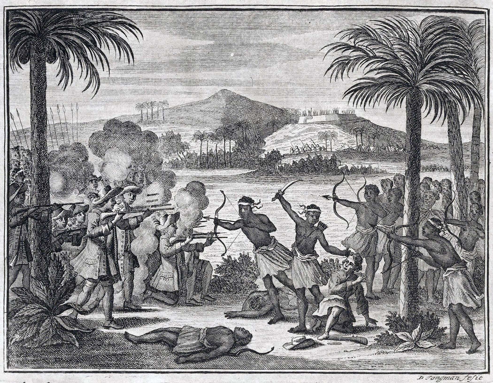 A black and white print of Dutch invaders with muskets fighting Maluku warriors with bows and arrows.