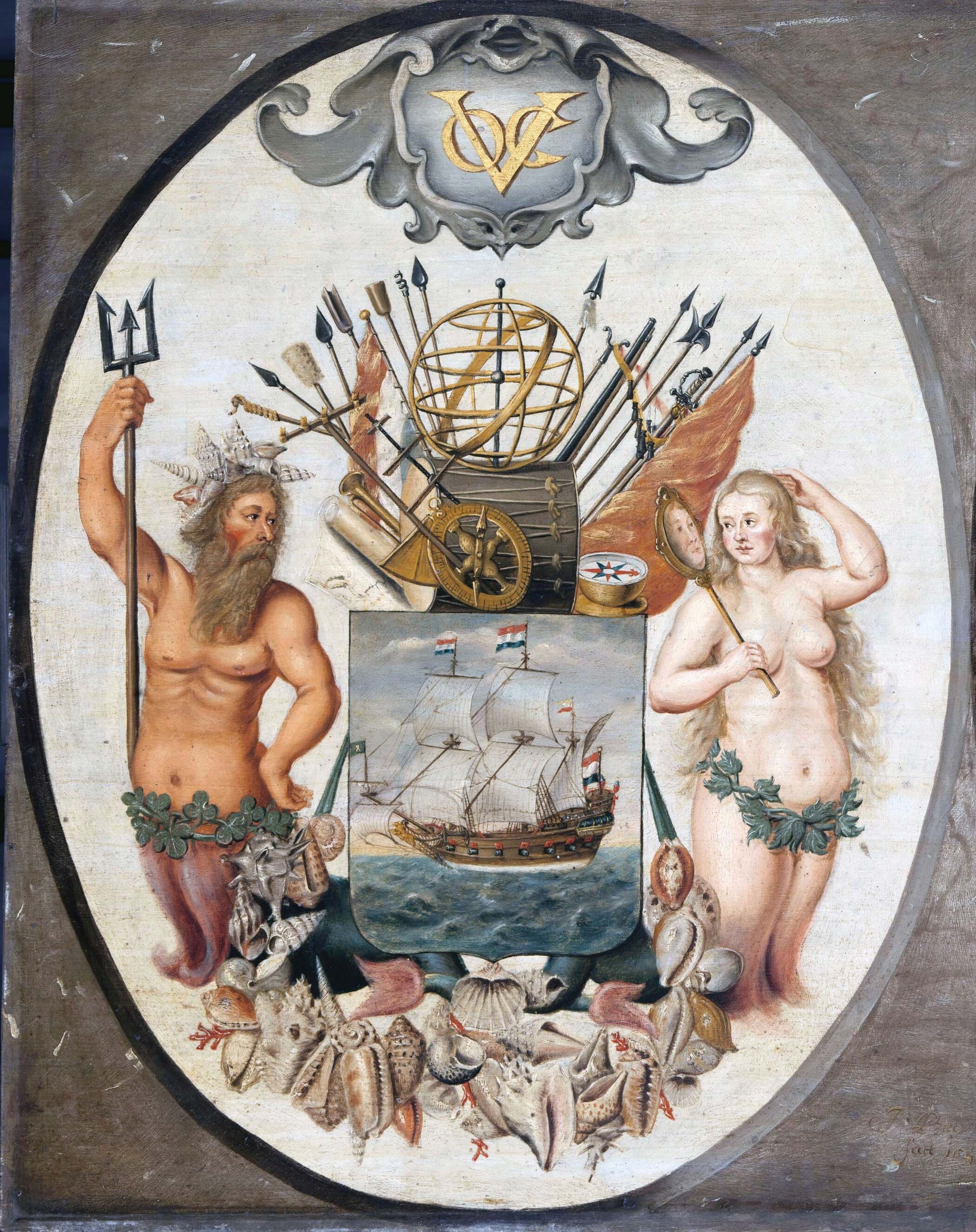 The V O C coat of arms depicts a painting of a Dutch man-of-war ship with Neptune and Providentia on either side.