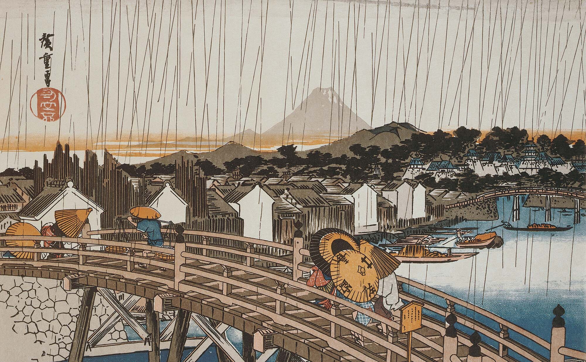 A painting of the city of Edo shows a small part of the curved wooden bridge over a river.