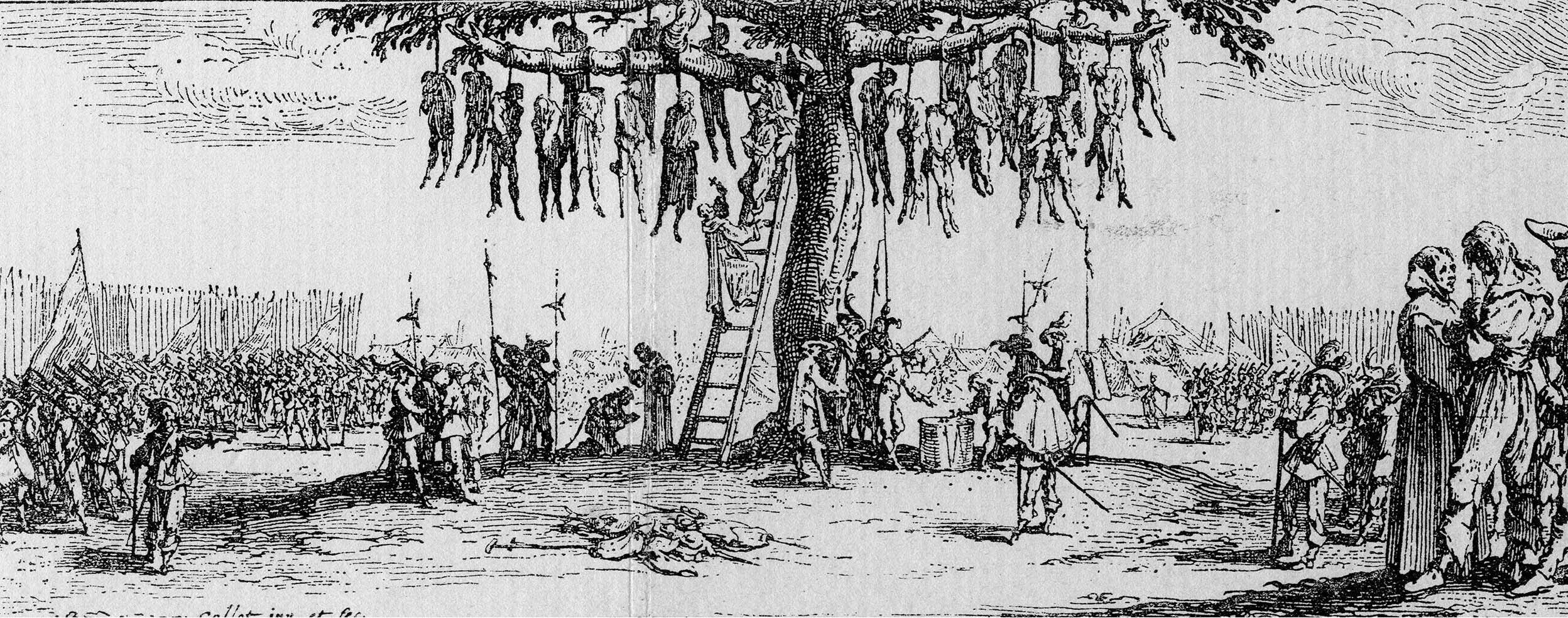 An illustration of numerous bodies hanging from a tree while a large crowd of soldiers watches.