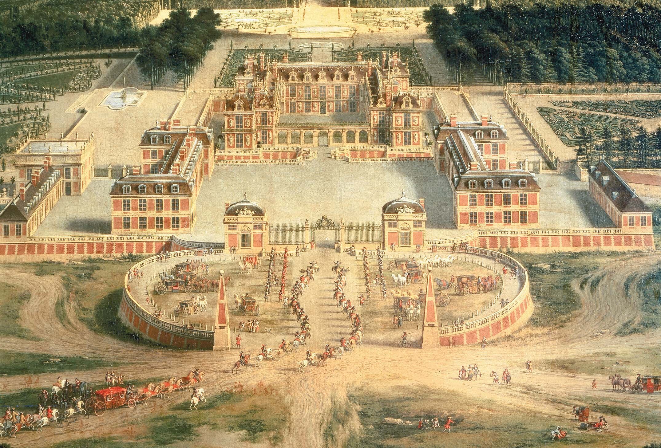 A painting of an aerial view of the Palace of Versailles.