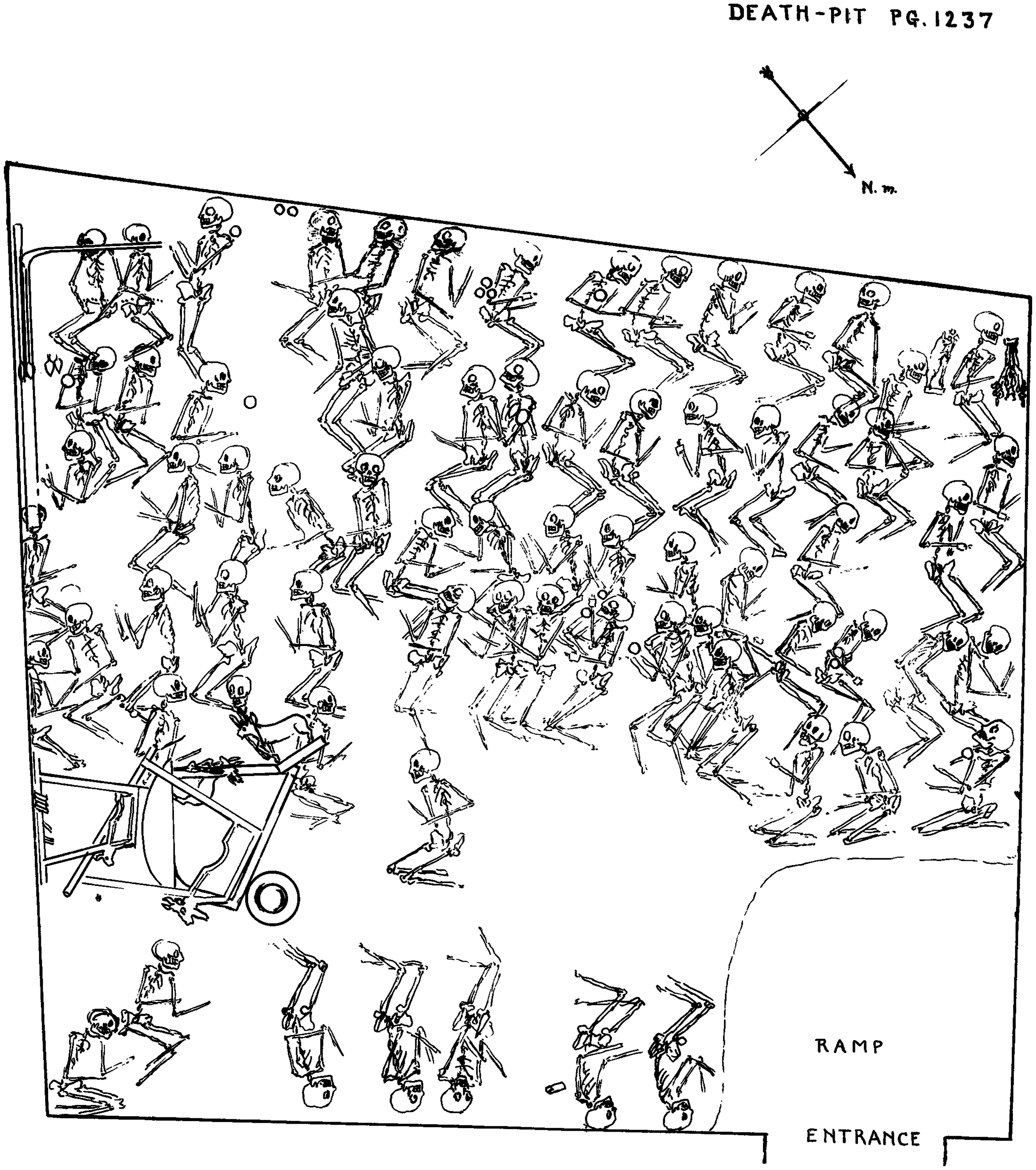 A black-and-white drawing of Death Pit 1237 from the Royal Tombs of Ur in Mesopotamia.