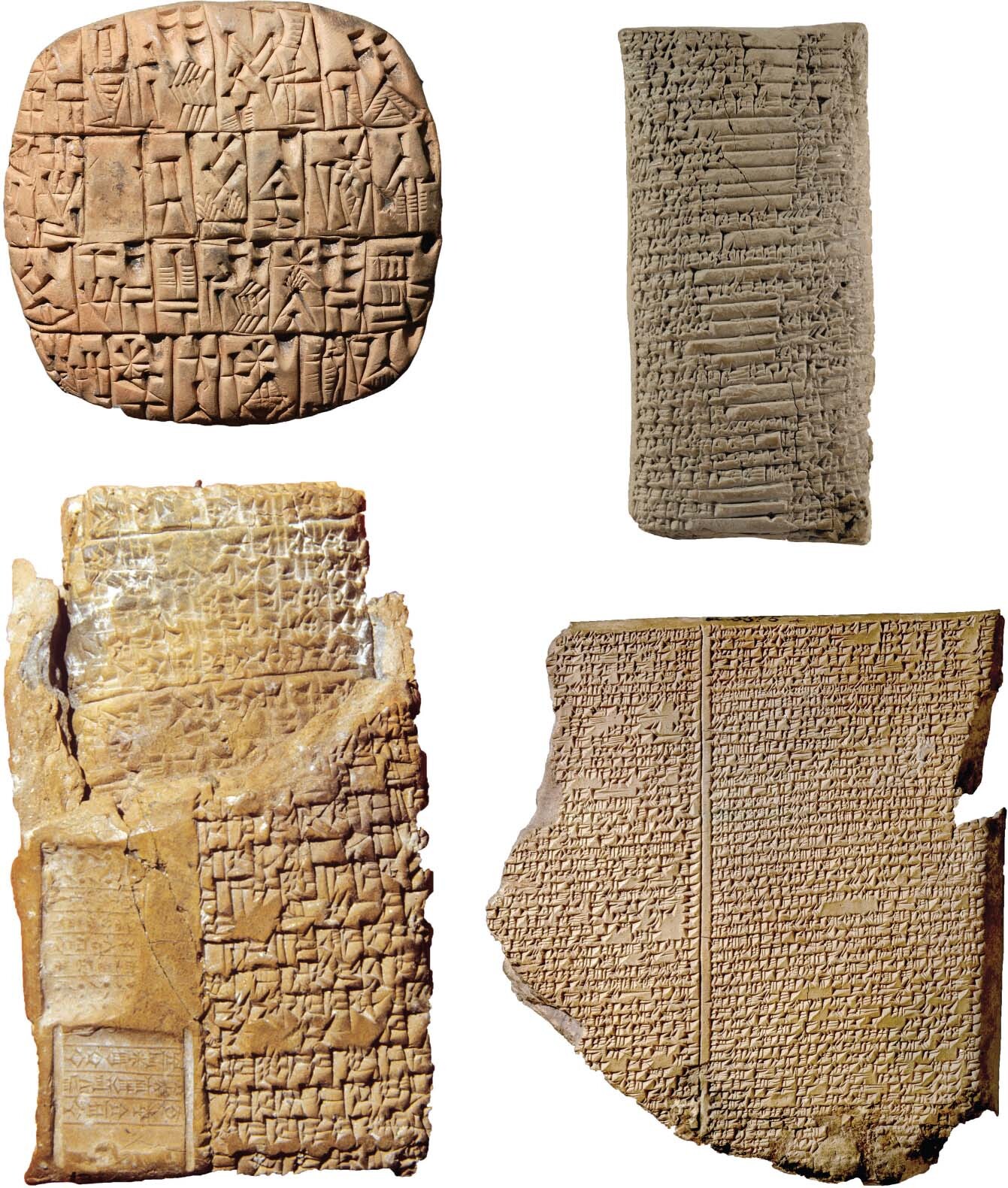 A round cuneiform tablet made of clay with a series of medium-sized wedge-shaped markings covering the surface.; A rectangular cuneiform tablet covered in tight rows of tiny markings.; A cuneiform letter sealed in a clay envelope. Both the letter and envelope are covered in small markings.; A broken cuneiform tablet with a straight line down the middle and a tiny script on either side of it.