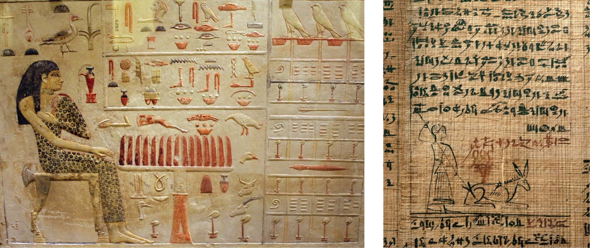 Funerary relief of a person and many hieroglyphs.; An Egyptian hieratic script.