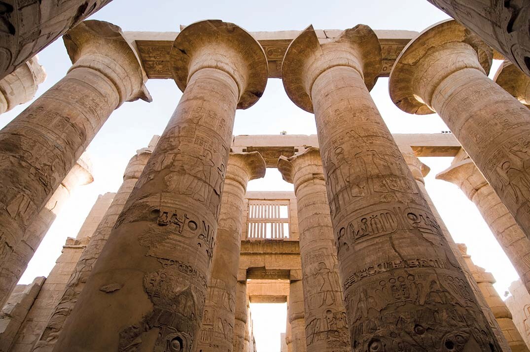 The inscribed columns of the Great Hypostyle Hall, built by Ramses 2 in the thirteenth century B C E.