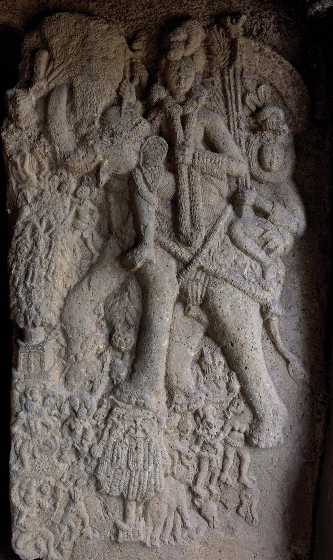 A carved stone shows the Vedic deity Indra riding his elephant, Airavata.