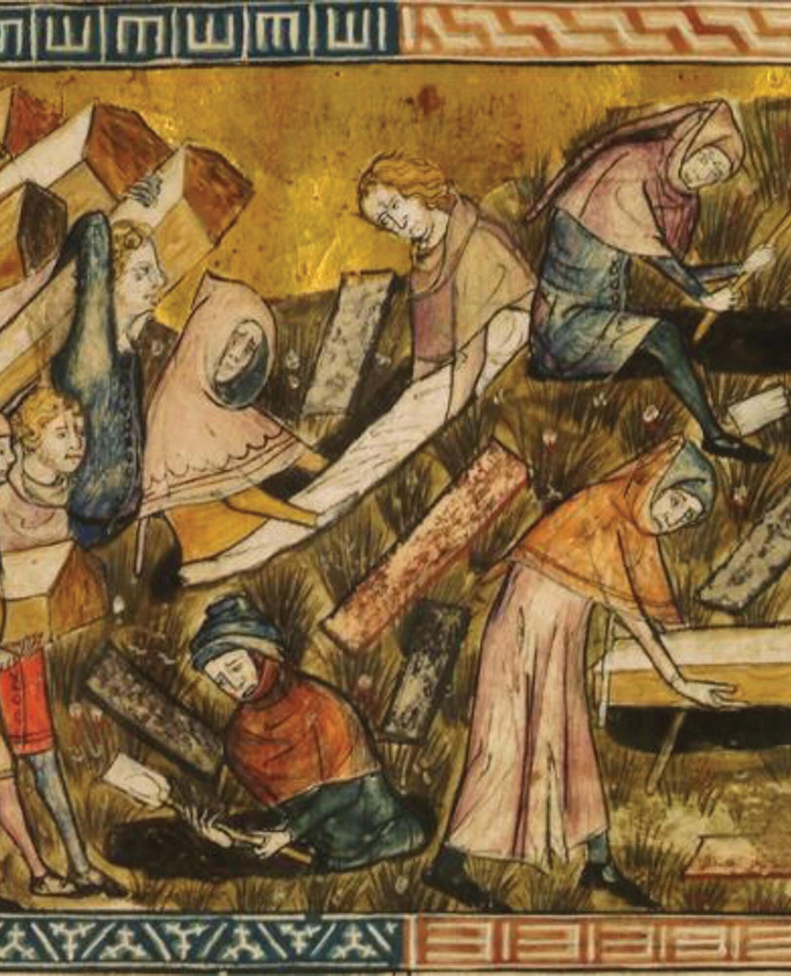 A painting depicts a group of people carrying coffins.