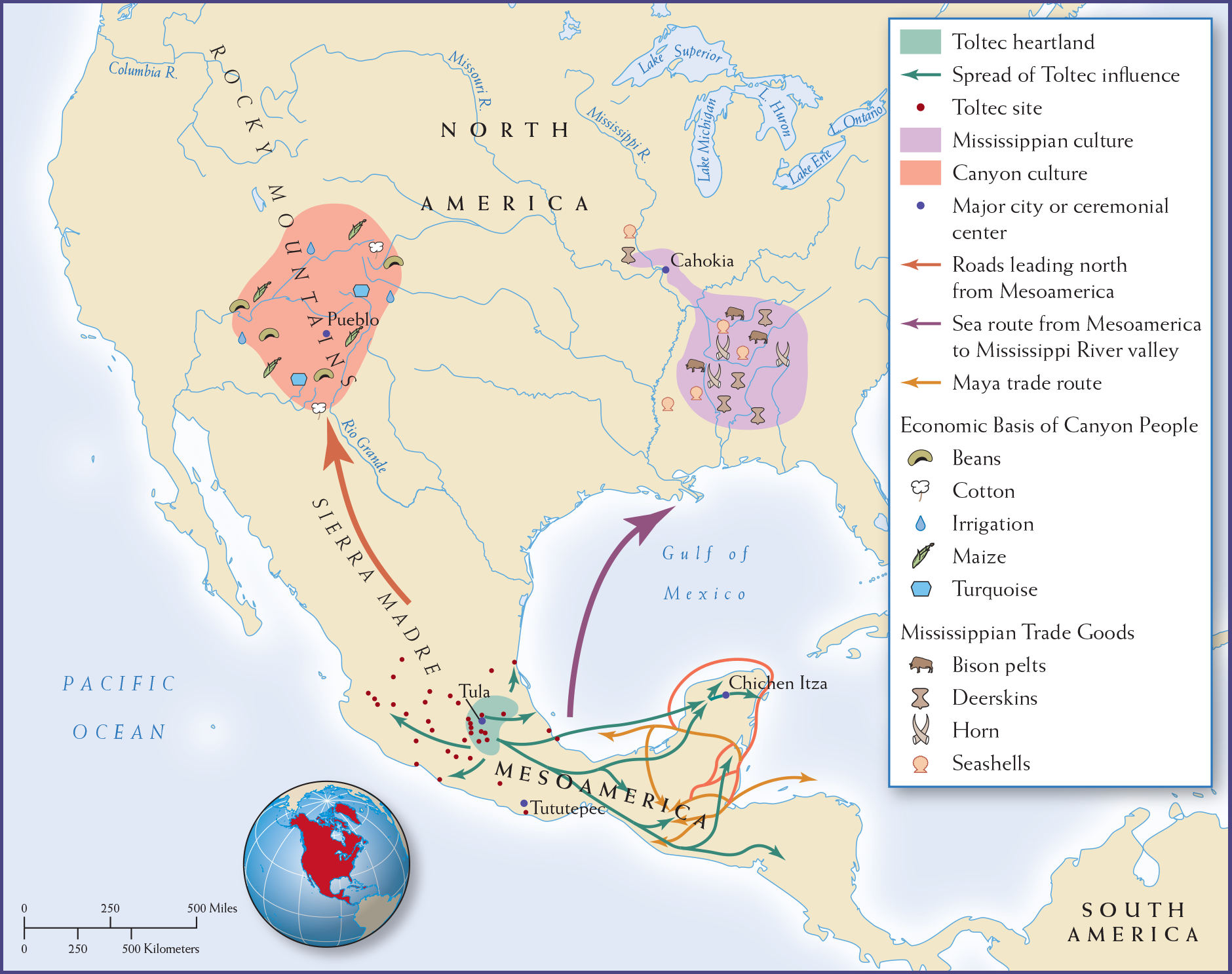 Map 10.10 is titled Commercial Hubs in Mesoamerica and North America, 1000 C E.