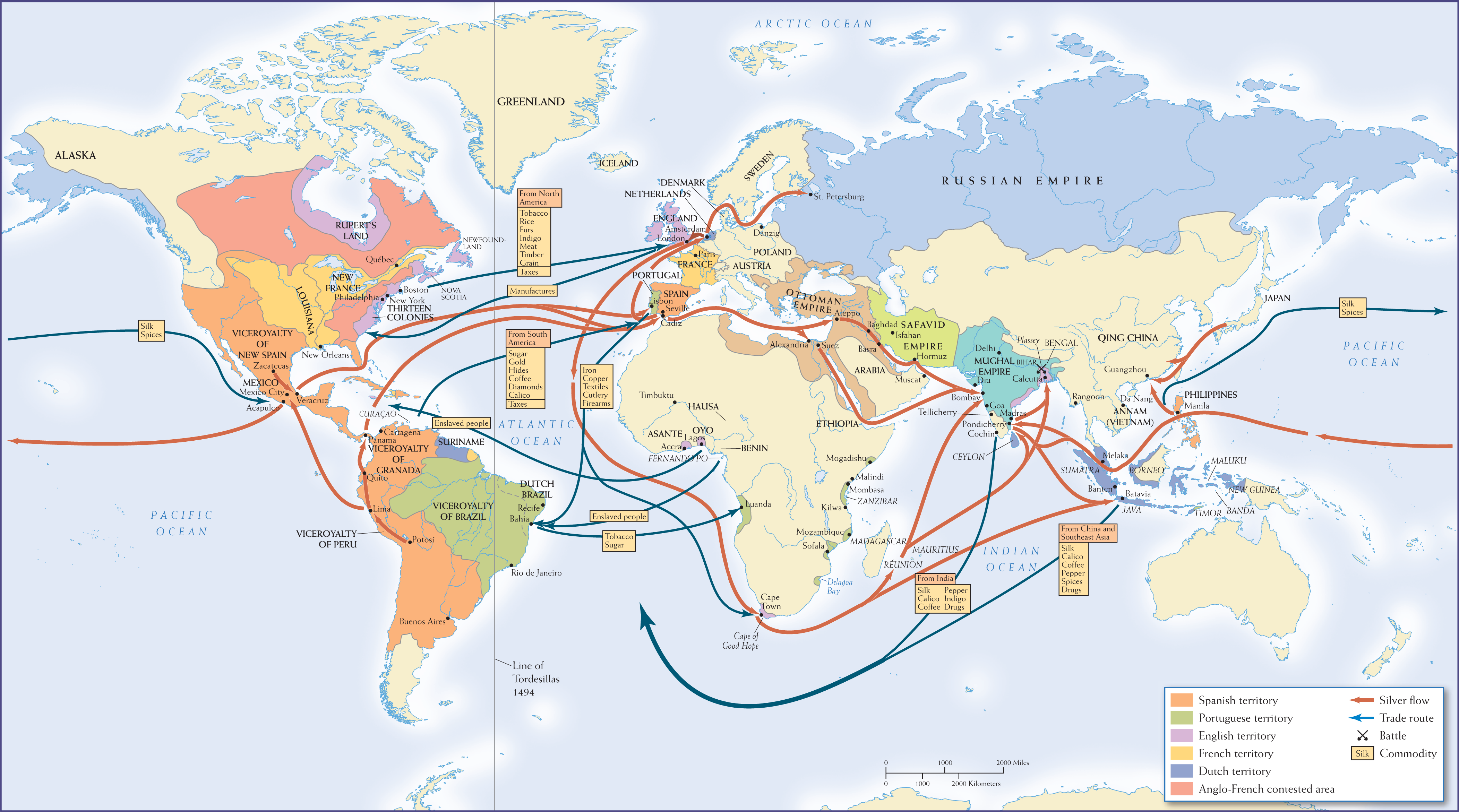 Map 13.1 is titled, Trade in Silver and other Commodities, 1650-1750.