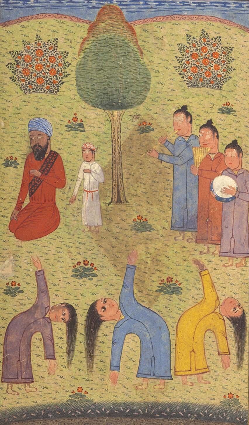 An illustration depicts three dancers with one hand stretching towards the sky and the other reaching toward the earth.