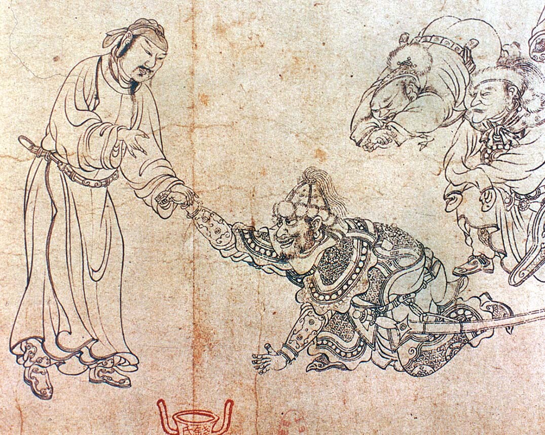A sketch of a Chinese person talking with a barbarian.