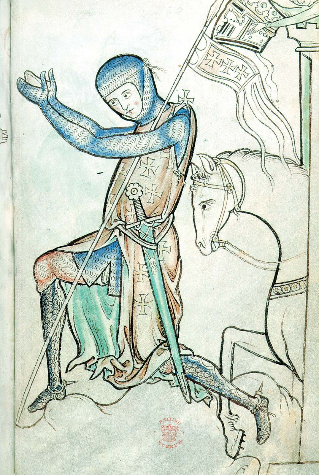 A painting of a kneeling crusader.