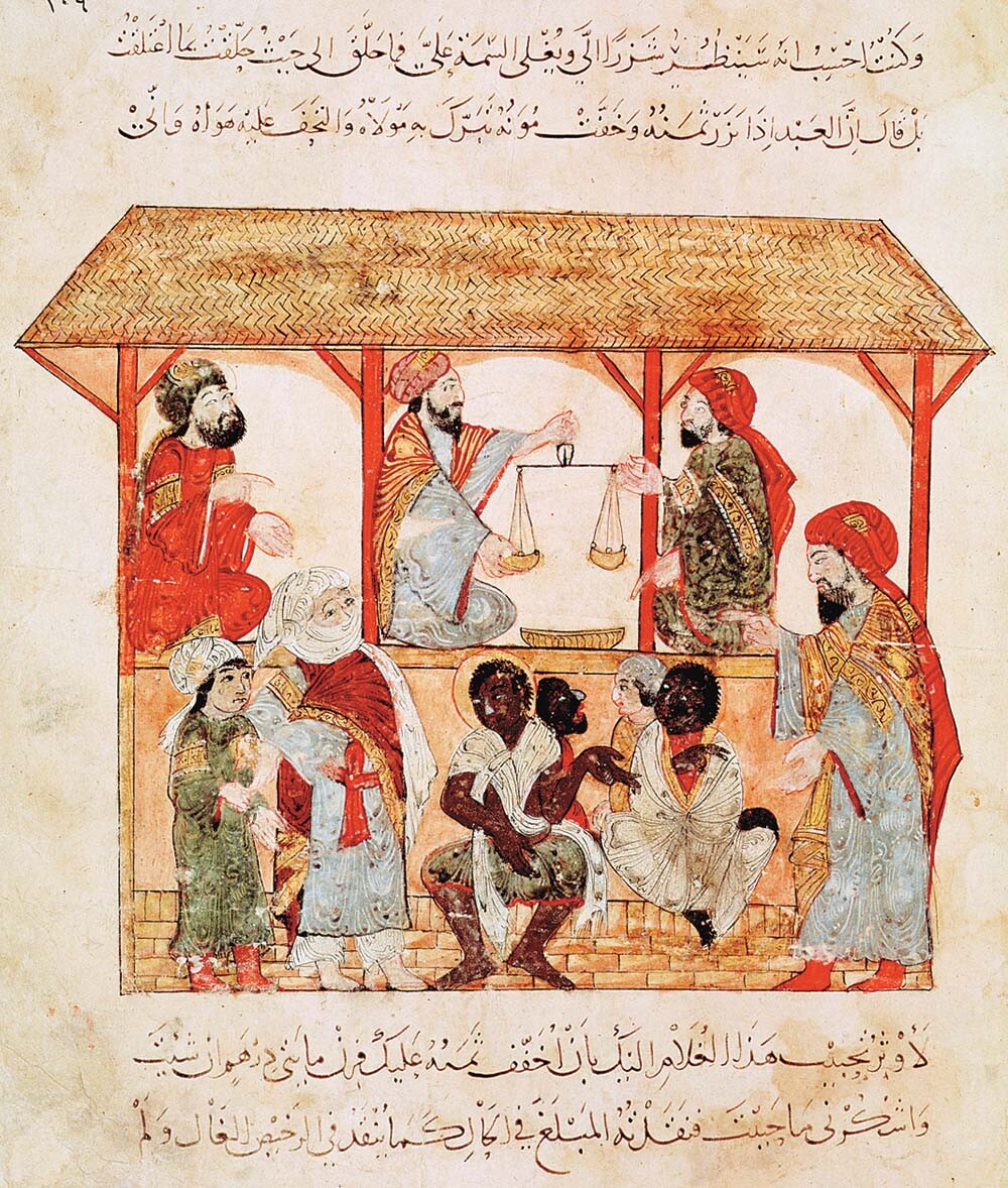 A painting of a covered marketplace with enslaved people up for auction in the center.