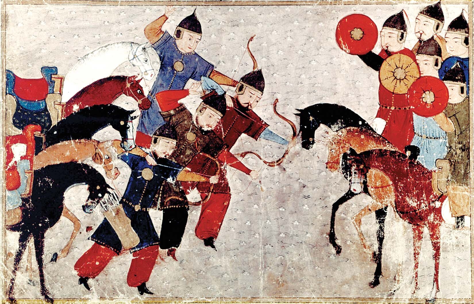 A painting of Mongol soldiers fighting.