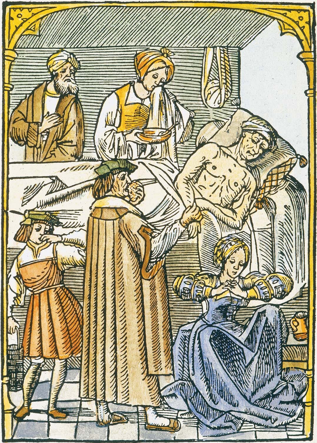 A painting of a person with the plague in bed. There are several people around him holding their noses.