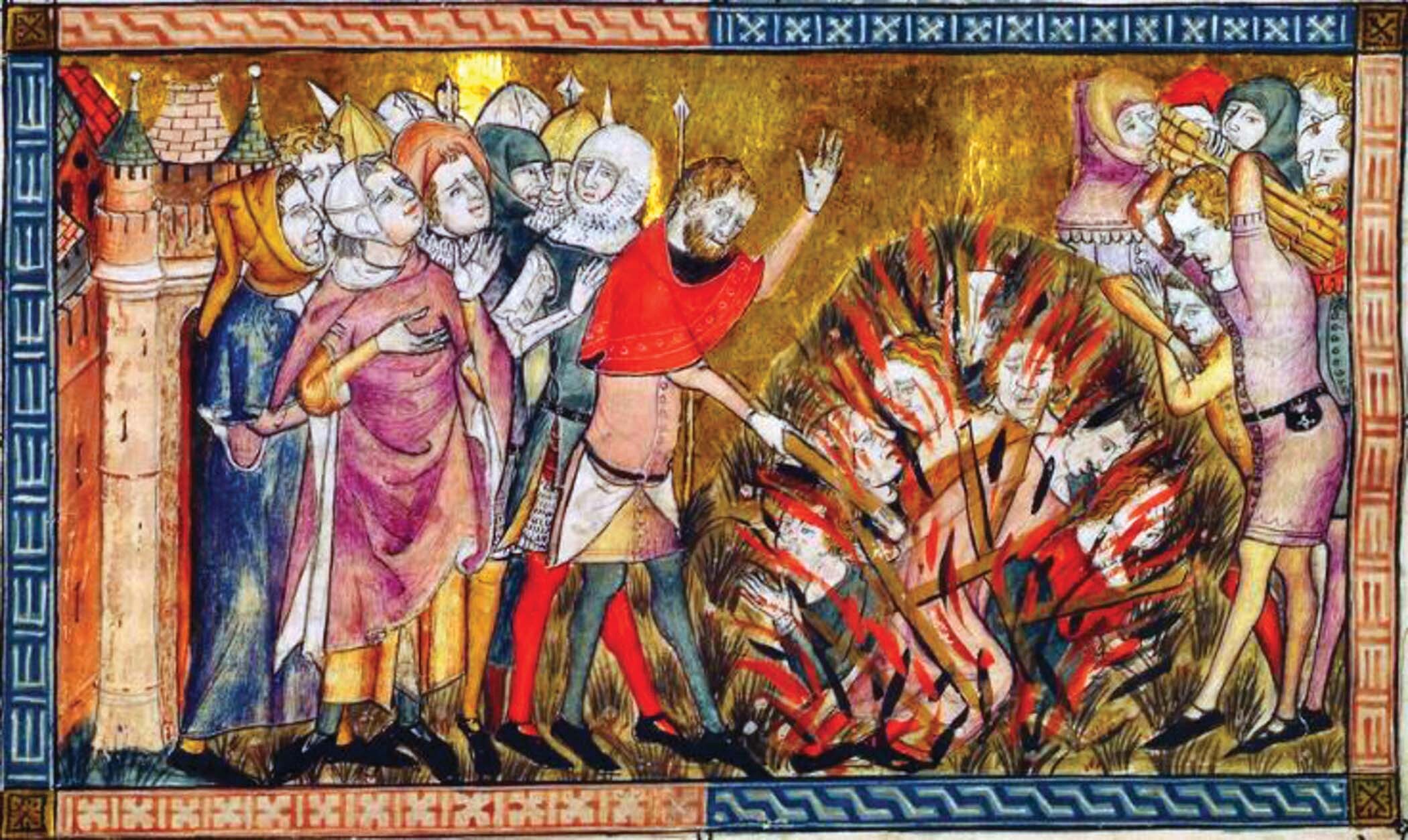 A painting on a manuscript page shows a group of people watching a pile of burning dead bodies.