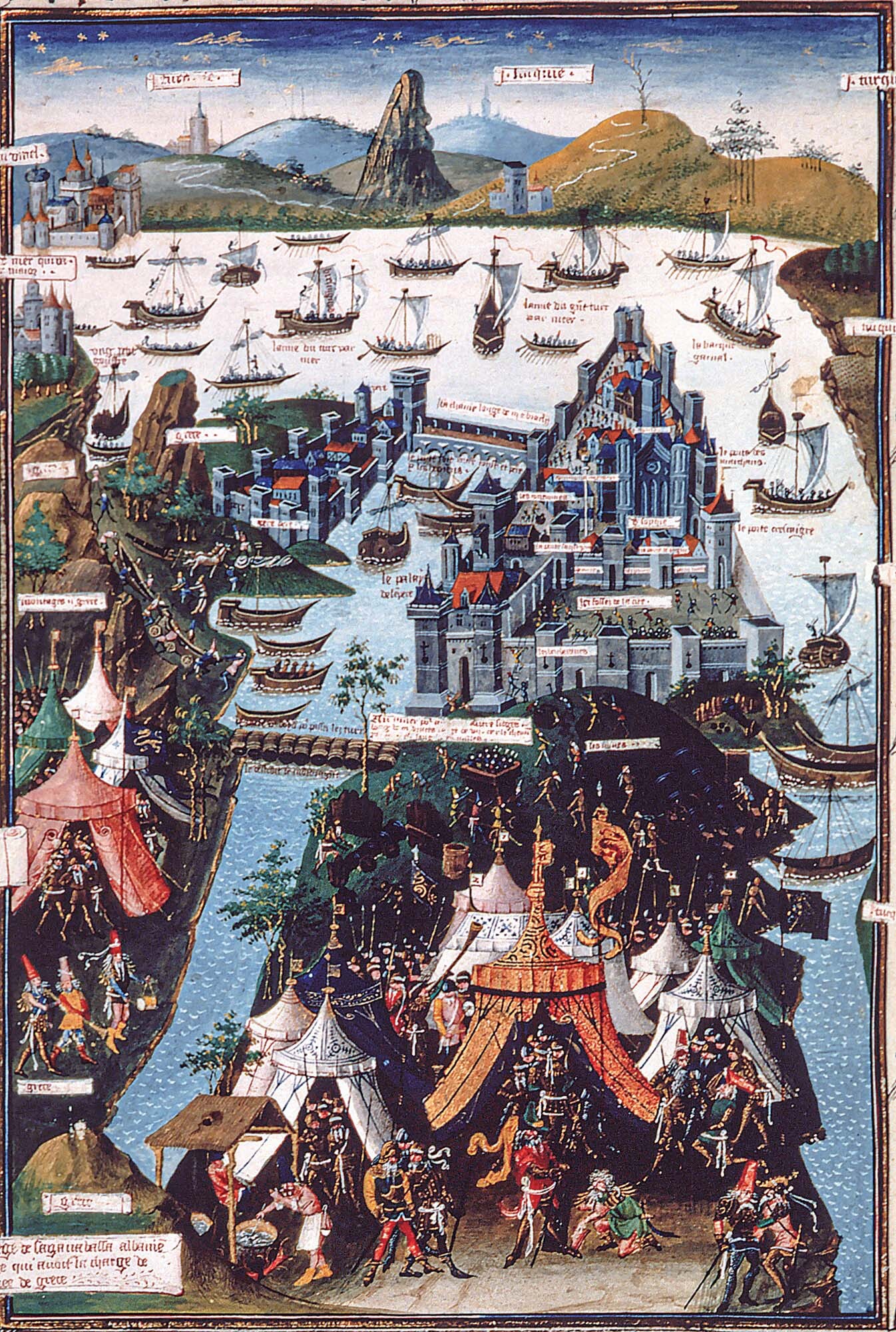 A painting depicts the Turkish siege of Constantinople. An army with many tents is camped outside the gates of the city.
