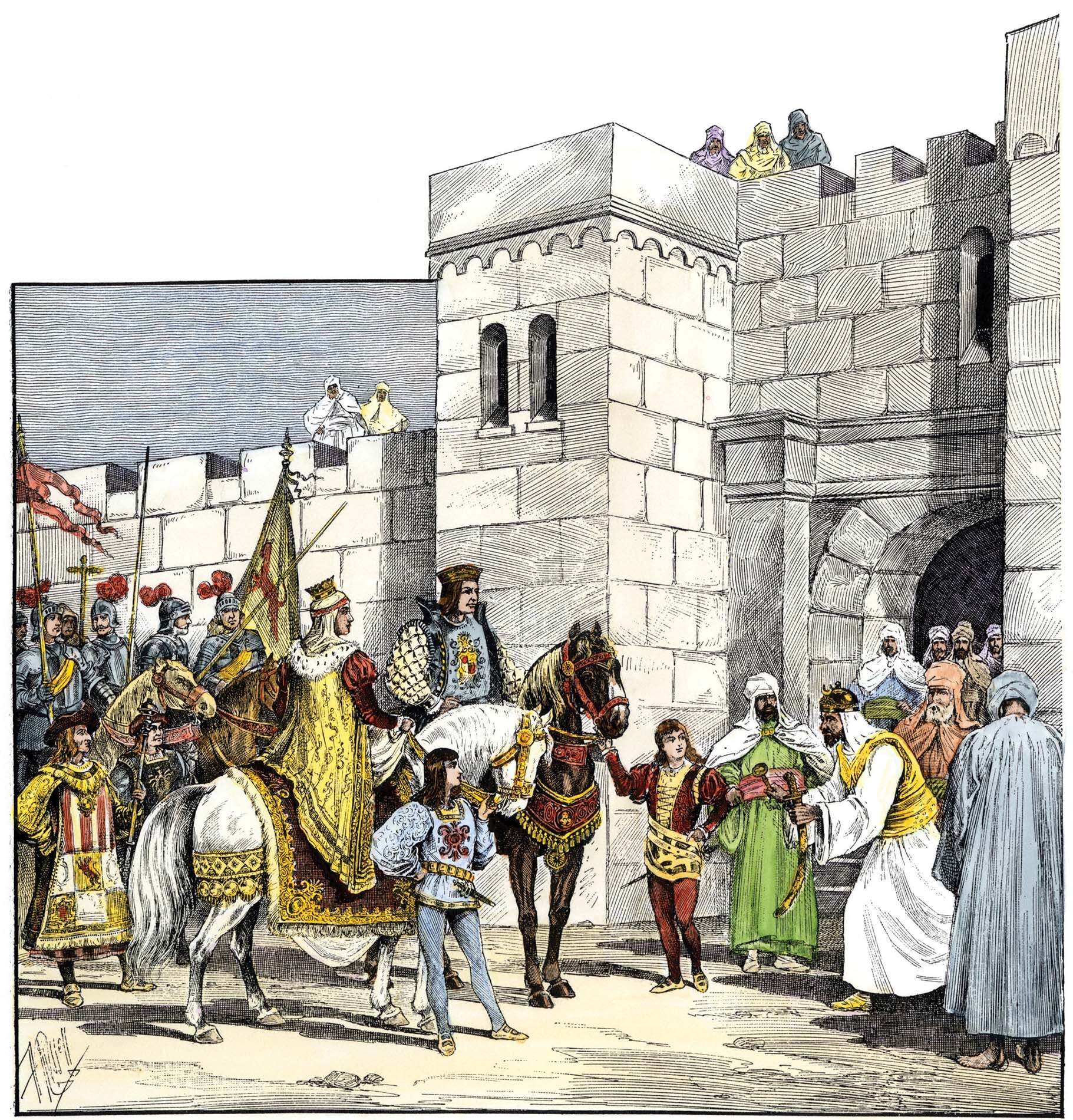 A colorized woodcut depicting Sultan Muhammad XII surrendering to King Ferdinand and Queen Isabella.