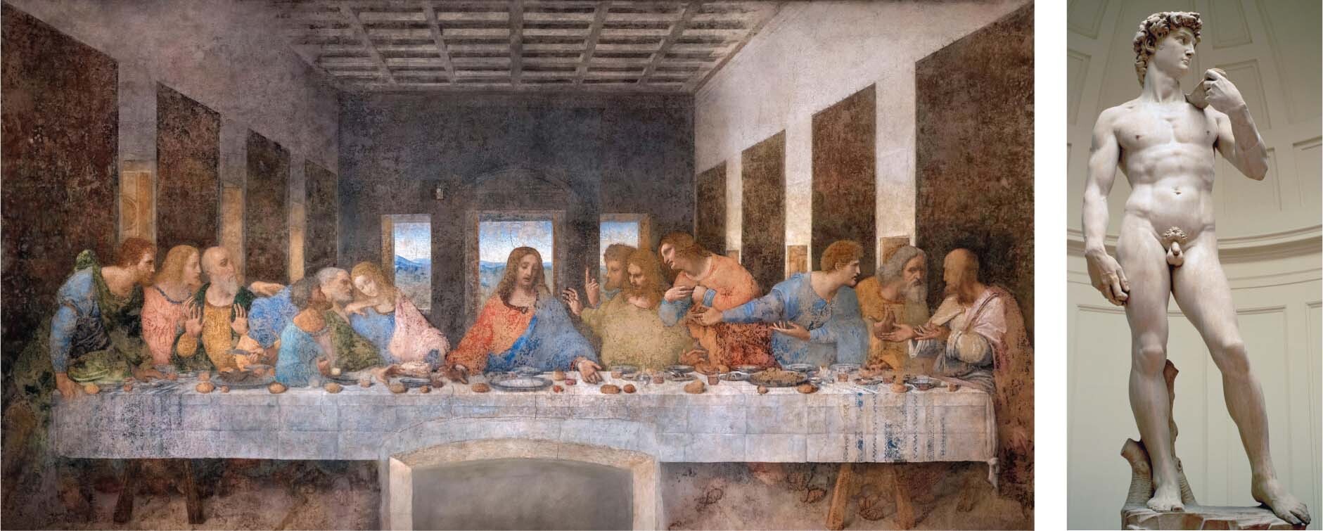 Leonardo da Vinci’s painting of The Last Supper.; A photo of Michelangelo’s David statue.