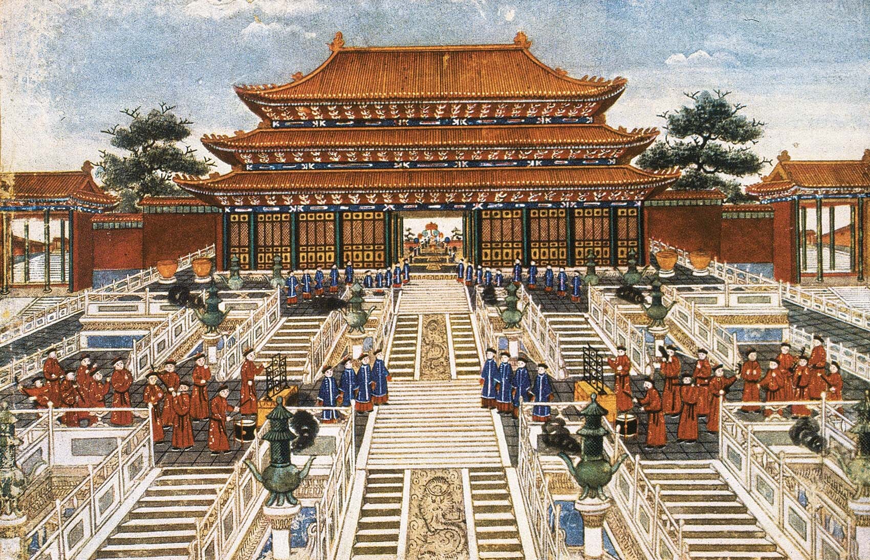 A painting of the Forbidden City. There are groups of people playing instruments and lines of people going into the city.