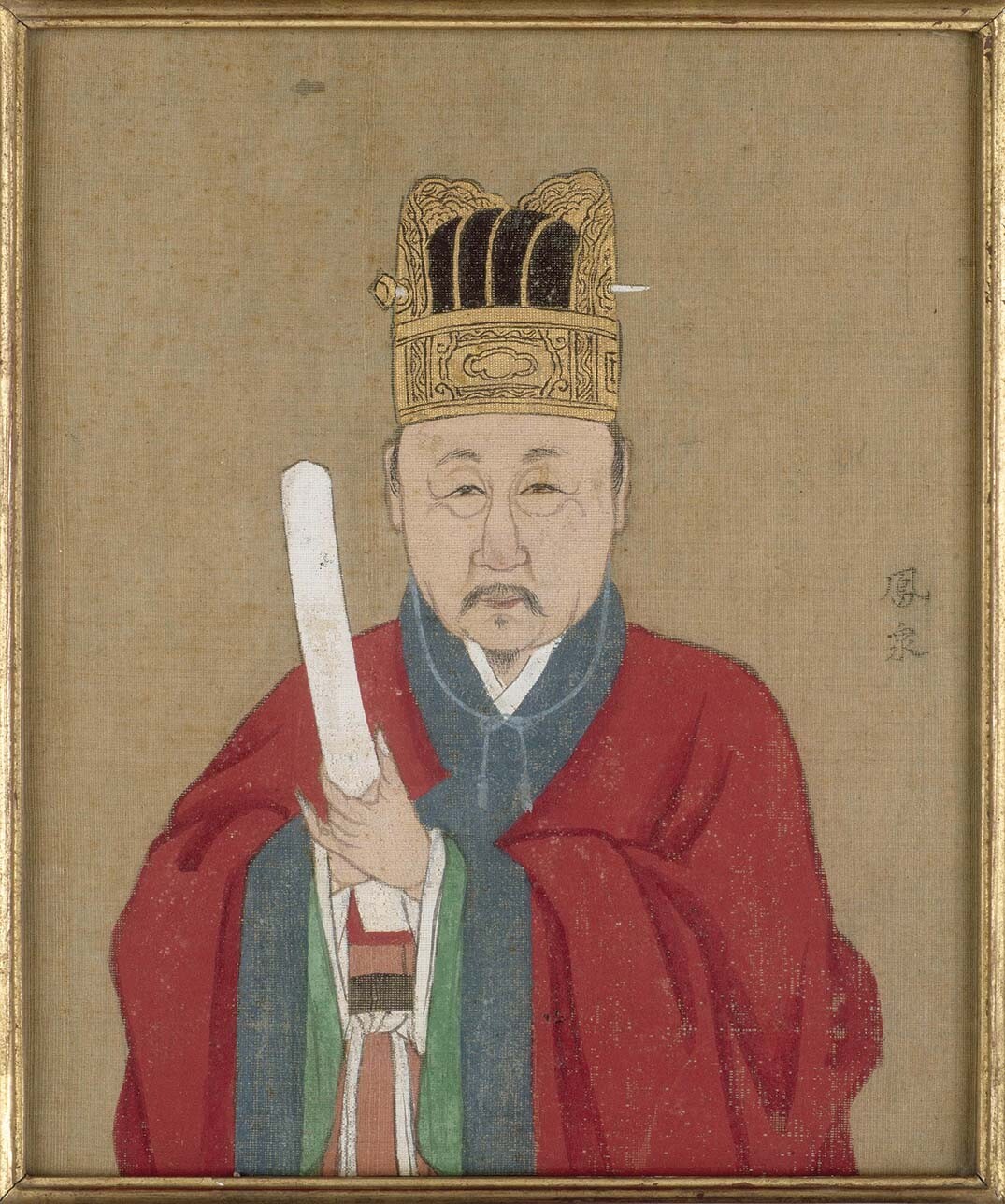 A painting of a man wearing a robe and a crown. The crown is made up of gold and has three beams attached to it.