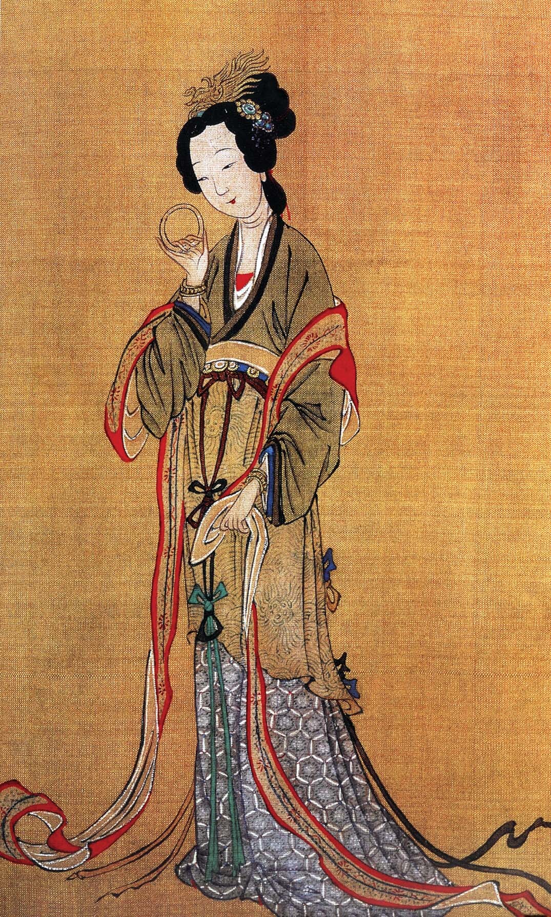 A painting of a woman wearing an elaborate gown.
