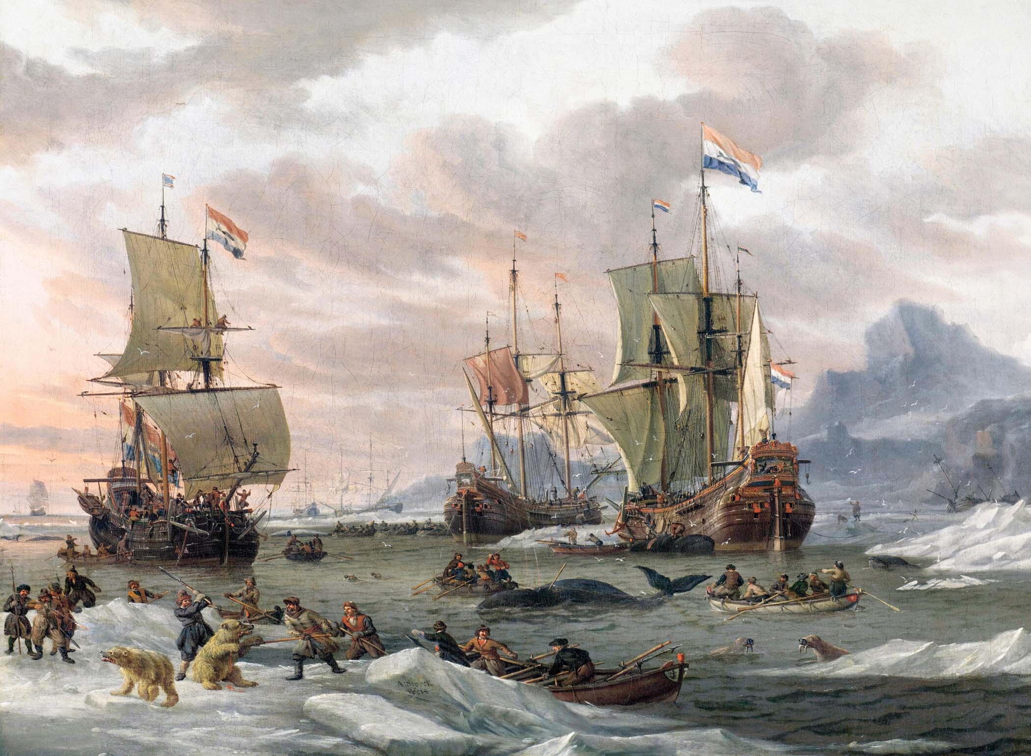 Three large Dutch whaling ships sail in the ocean near many row boats full of people.