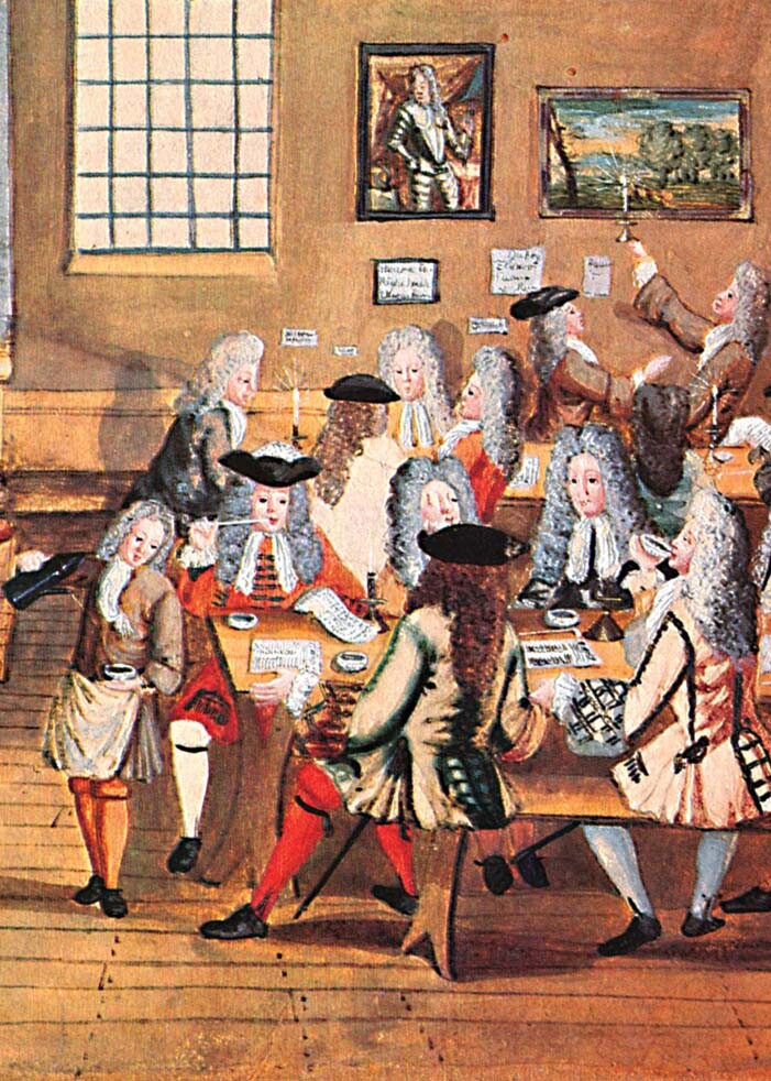 An illustration shows coffee drinkers sitting at two tables in an English coffeehouse.