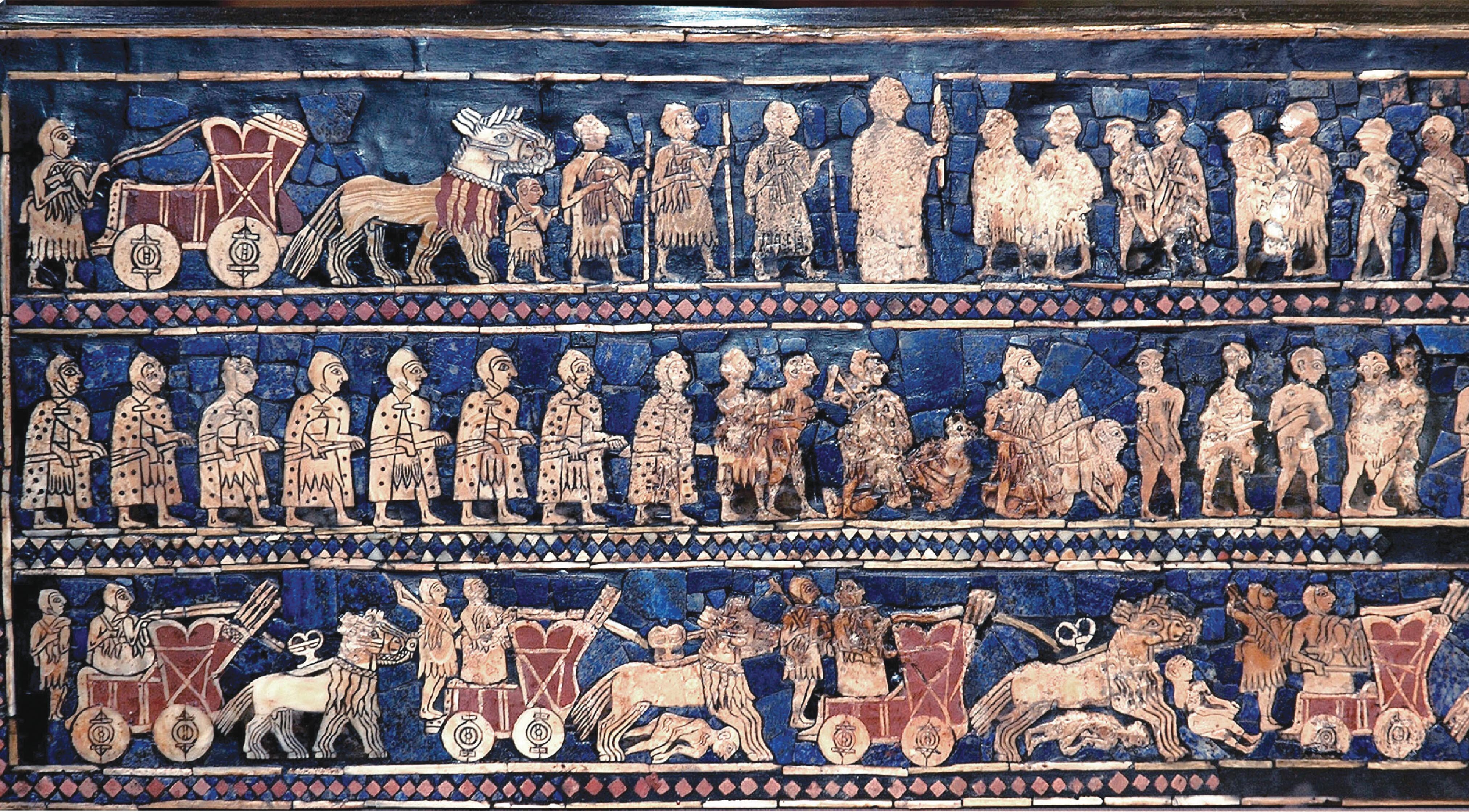 An ancient artifact with three rows of images. The images show both war and peace.