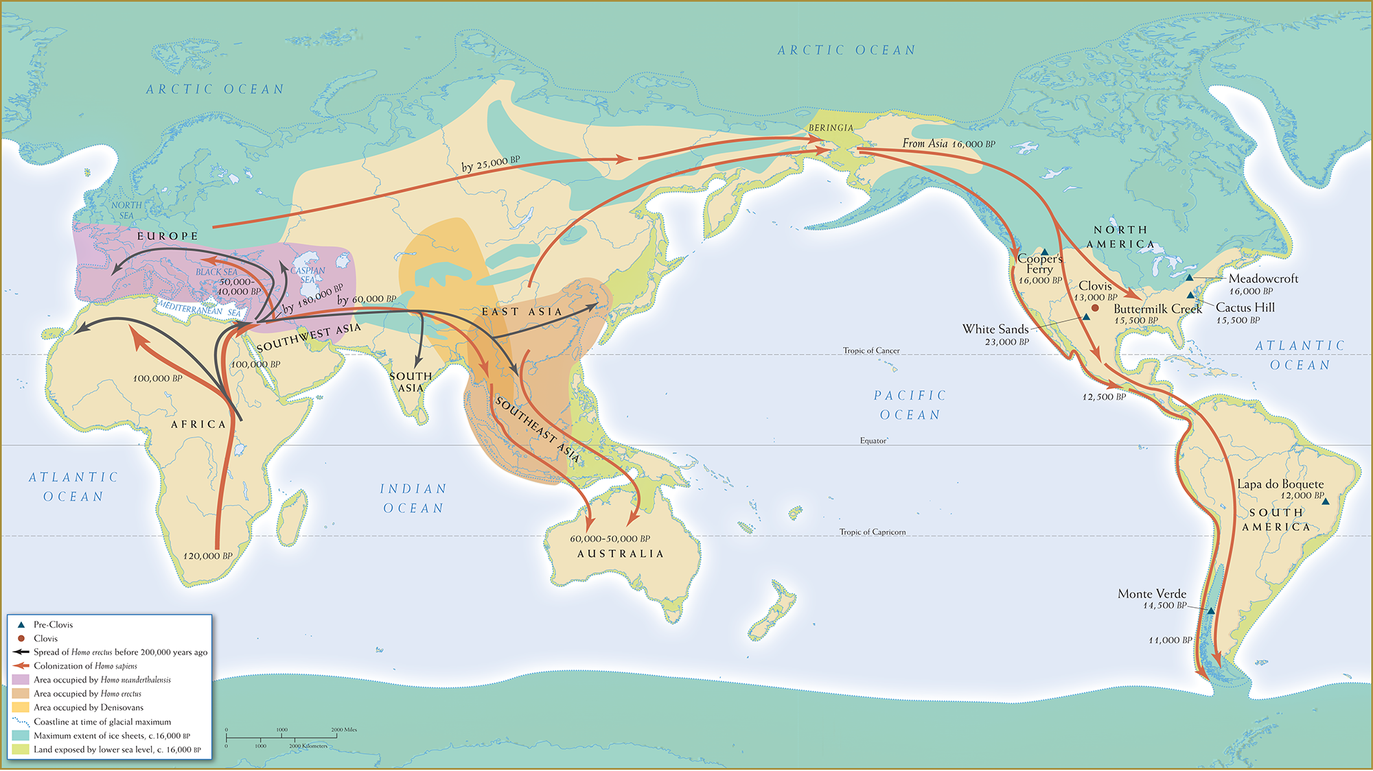 Map 1.2 is entitled “Early Migrations: Out of Africa.”