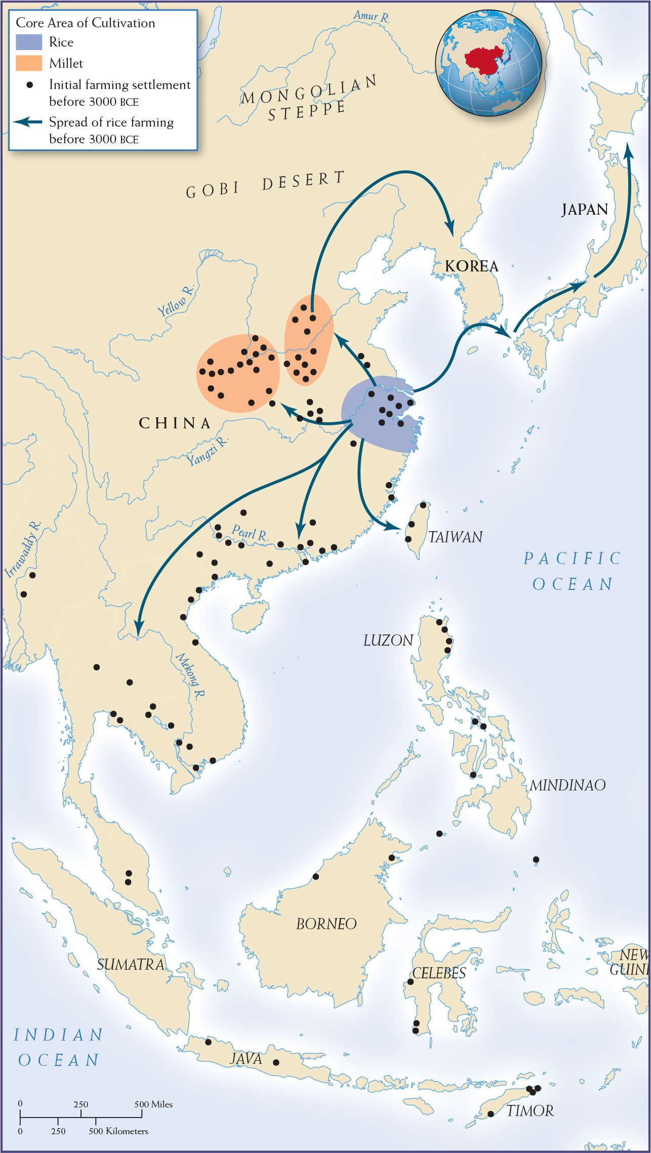 Map 1.6 is titled, “The Spread of Farming in East Asia.”