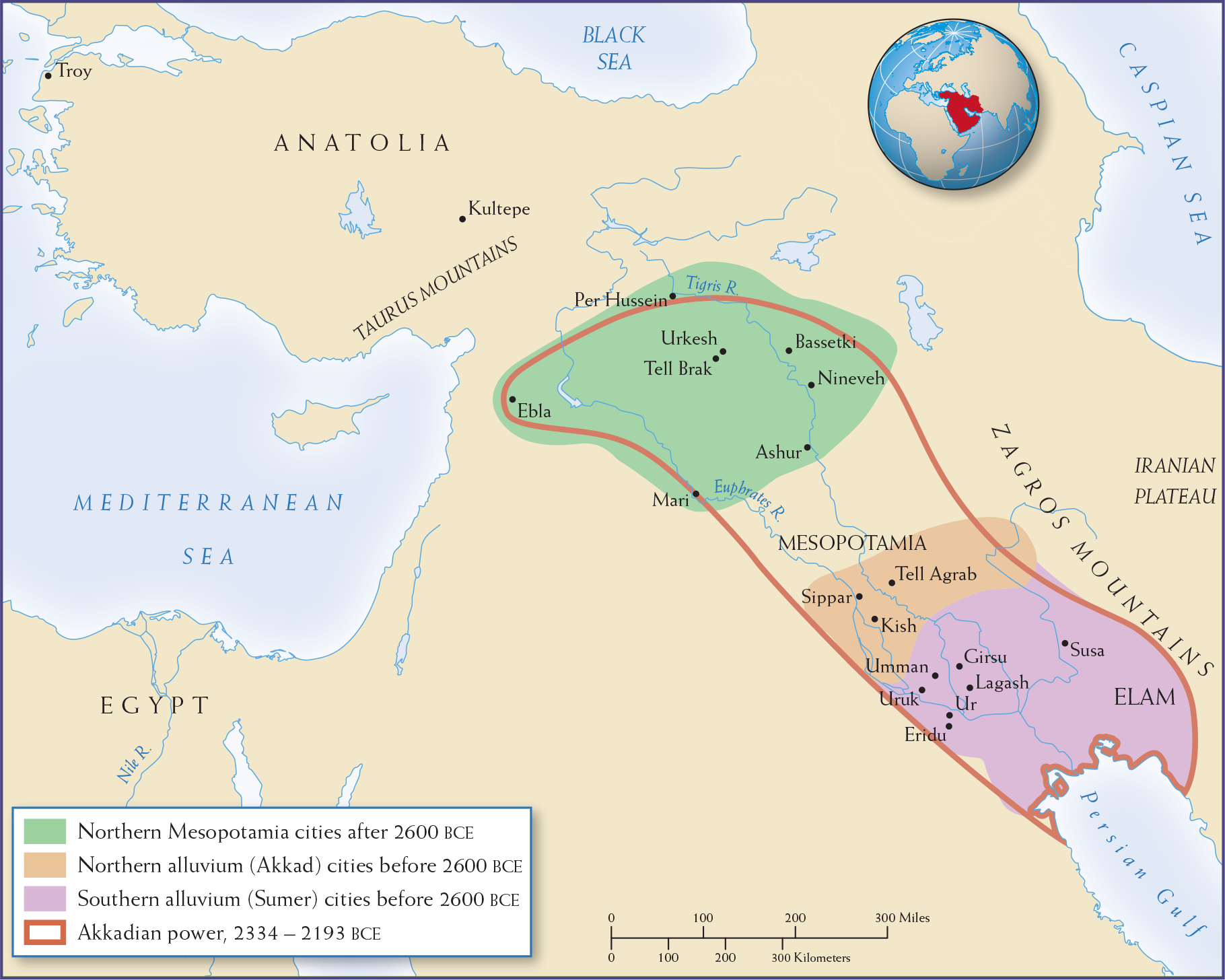 Map 2.3 is titled, “The Spread of Cities in Mesopotamia and the Akkadian State, 2600-2200 B C E.”