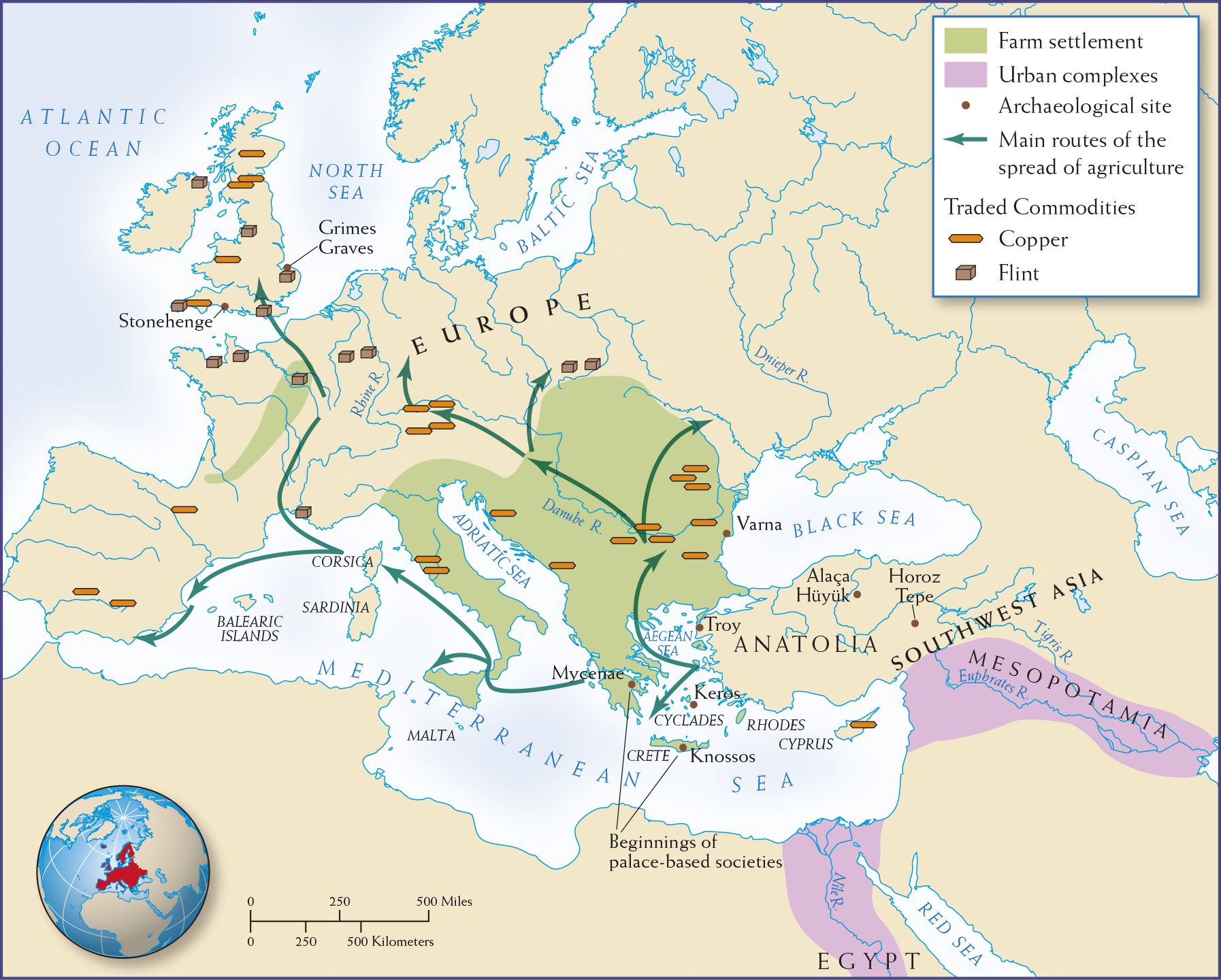 Map 2.7 is titled, “Settlements outside the River Basins: The Eastern Mediterranean and Europe, 5000-2000 B C E.”