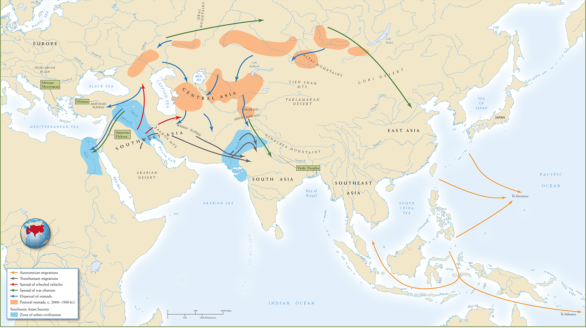 Map 3.1 is titled, “Nomadic Migrations in Afro-Eurasia, 2000-1000 B C E.”