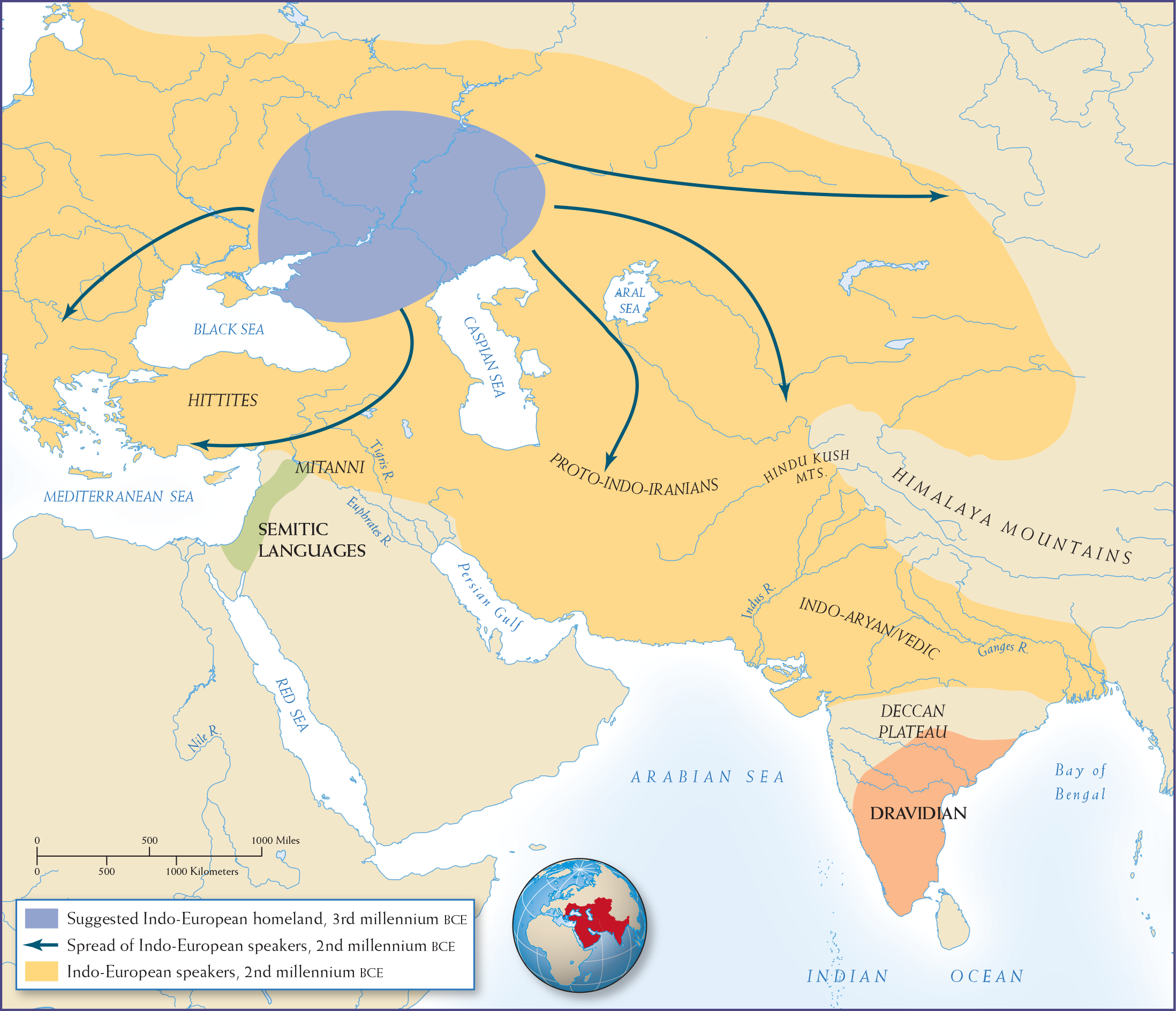 Map 3.3 is titled, Indo-European Migrations during Second Millennium B C E.