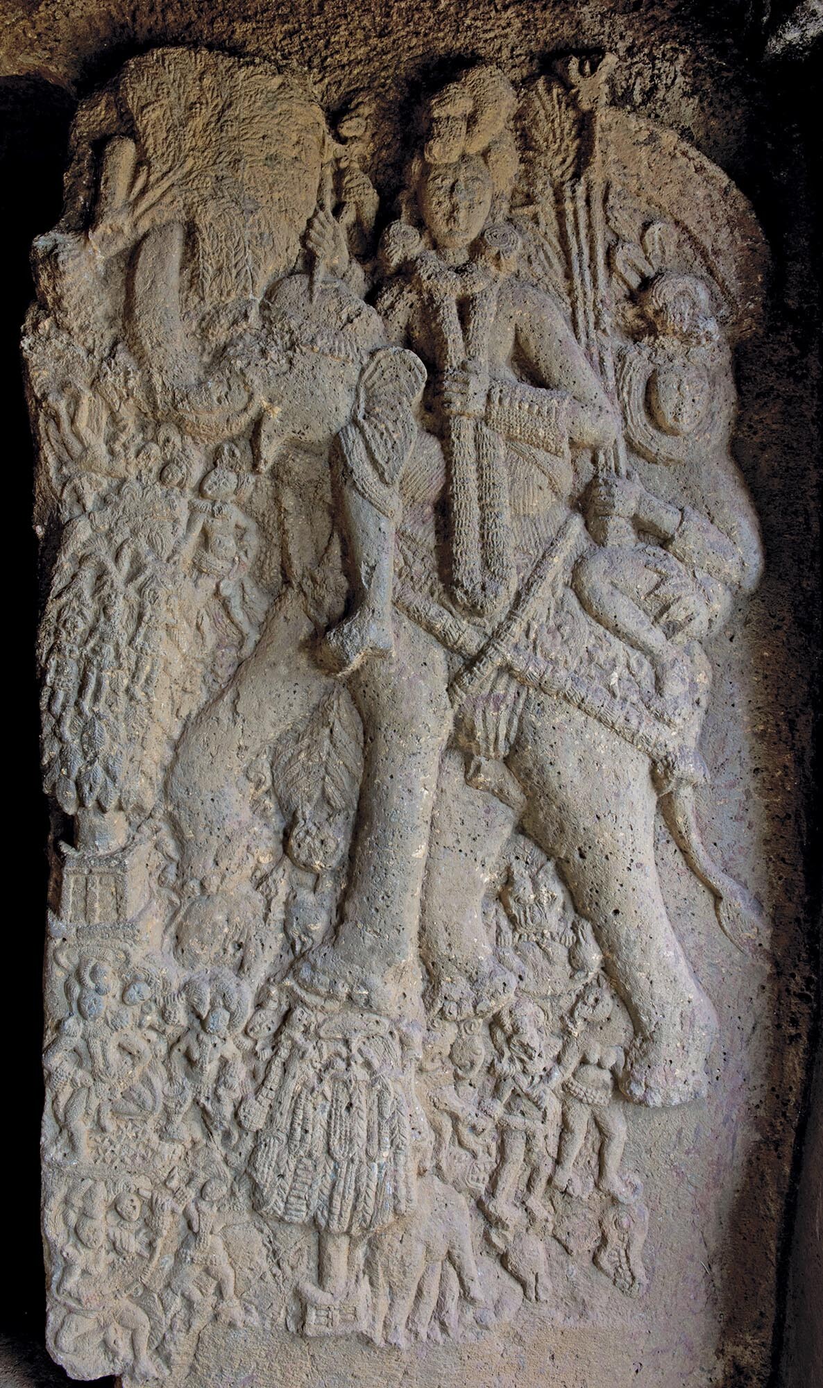 A carved stone shows the Vedic deity Indra riding his elephant, Airavata.